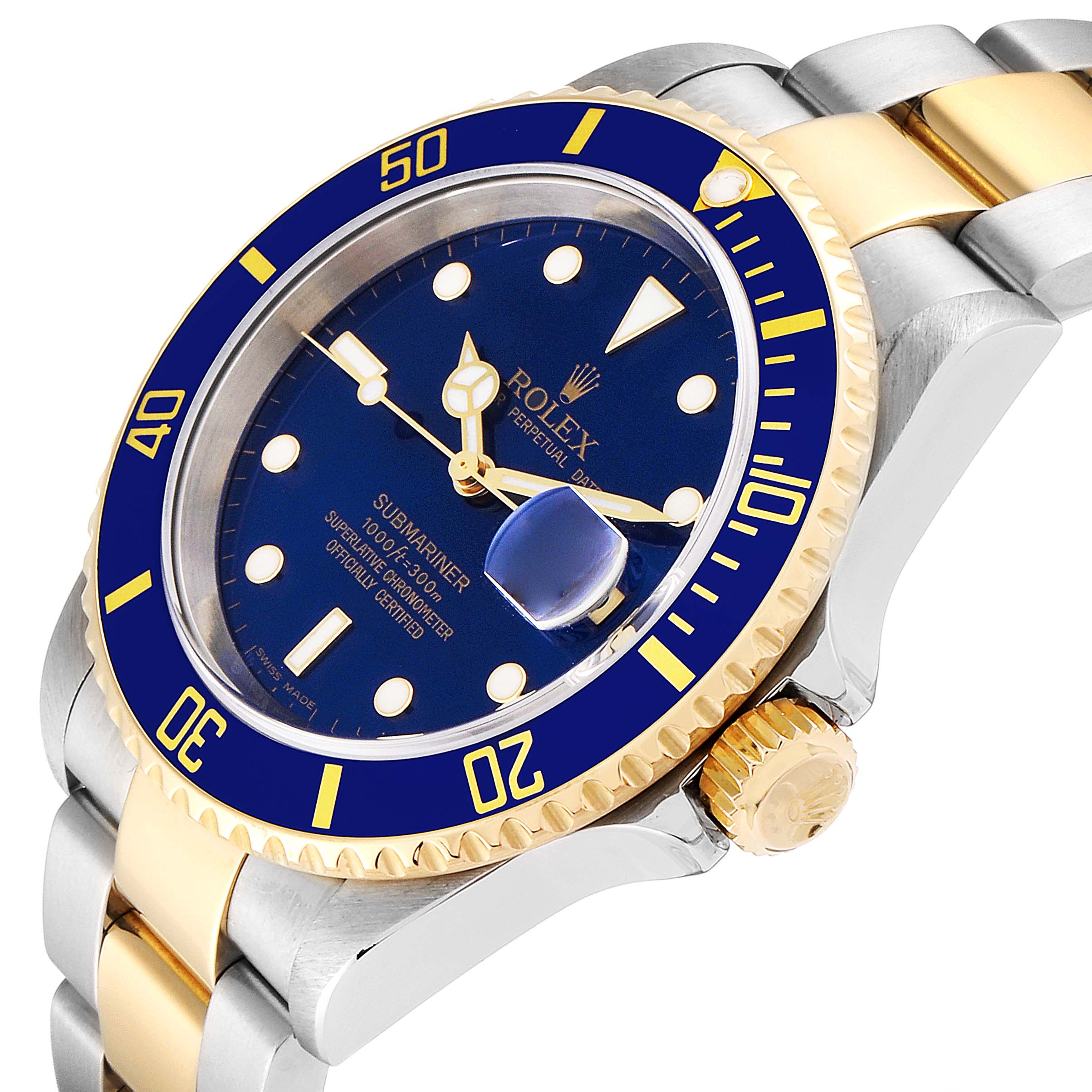 The image displays a detailed angle of a Rolex Submariner 16613 Men
s Steel and Gold (two tone) Blue Dial 16613 Men
s Steel and Gold (two tone) Blue Dial watch showcasing the bezel, crown, dial, and bracelet.