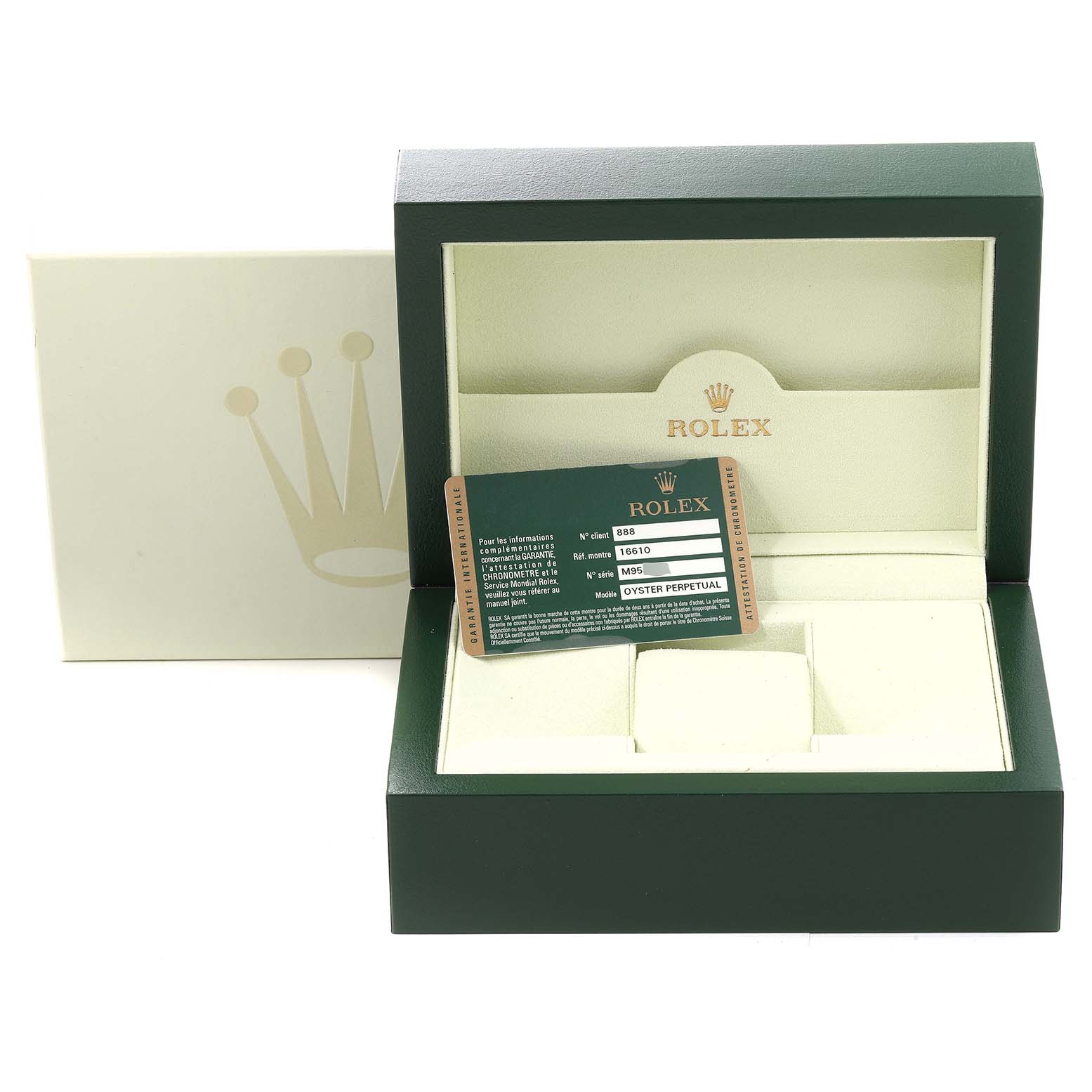 The image shows a Rolex Submariner 16610 Men
s Stainless Steel Black Dial 16610 Men
s Stainless Steel Black Dial watch box with an Best Quality
ity card placed inside.