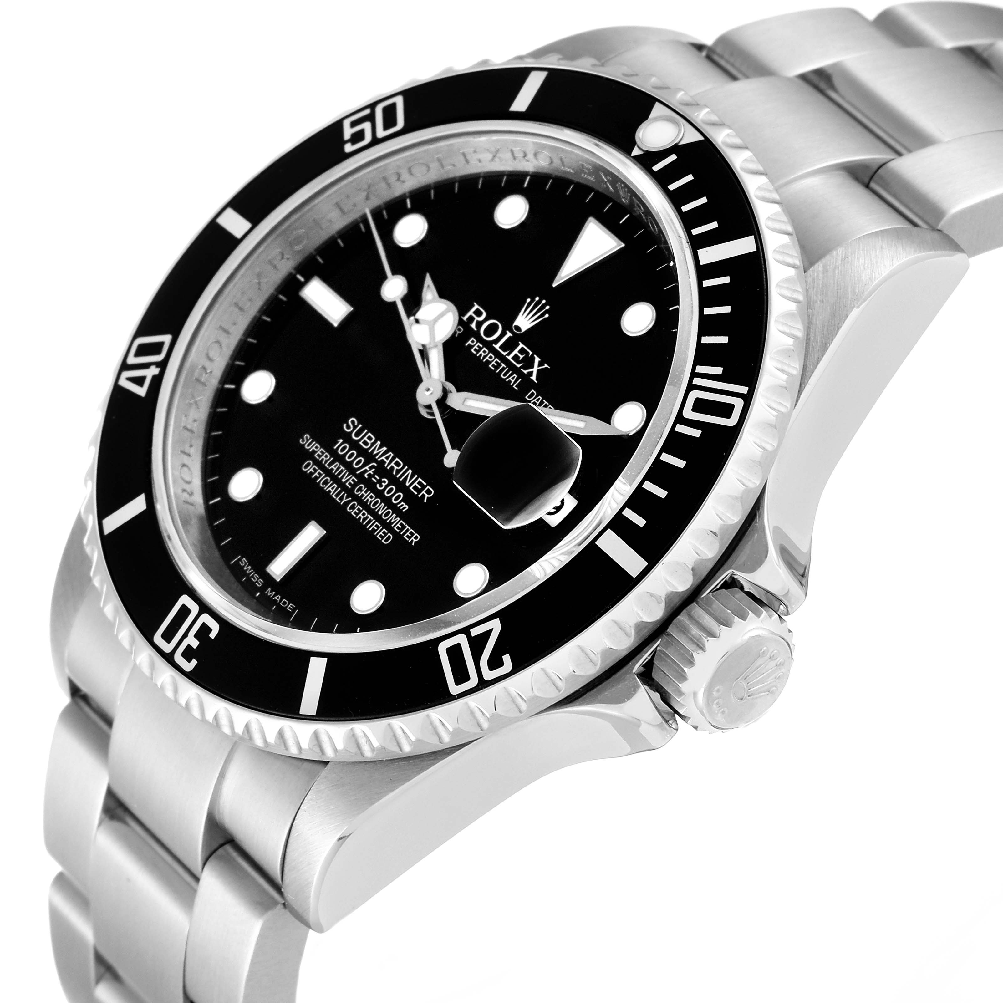 The image shows a side and angled view of the Rolex Submariner 16610 Men
s Stainless Steel Black Dial 16610 Men
s Stainless Steel Black Dial
s face, bezel, crown, and part of the bracelet.