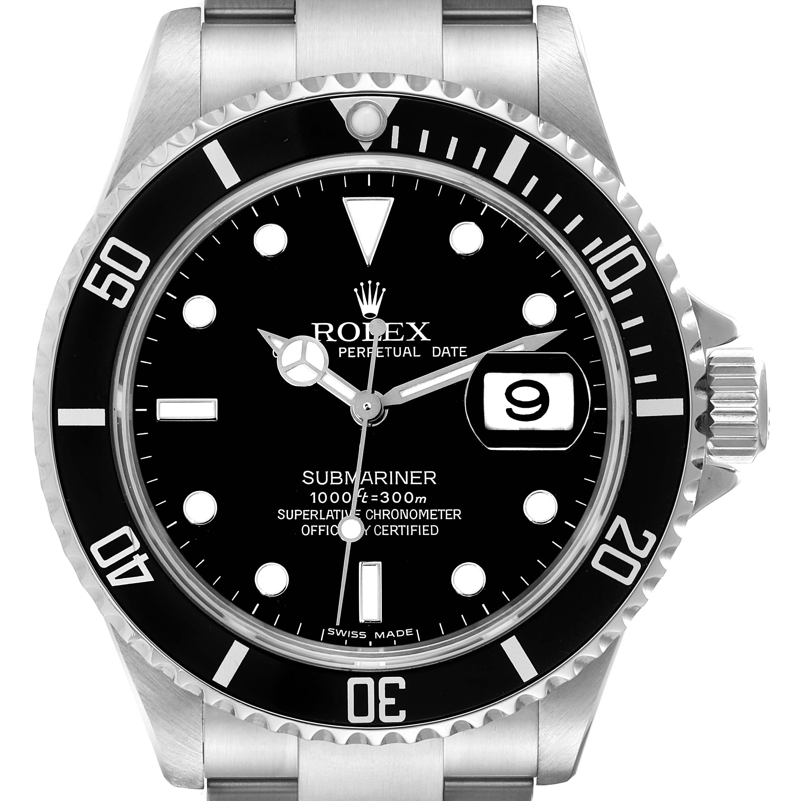 This image shows a front view of a Rolex Submariner 16610 Men
s Stainless Steel Black Dial 16610 Men
s Stainless Steel Black Dial watch, highlighting its dial, bezel, and case.