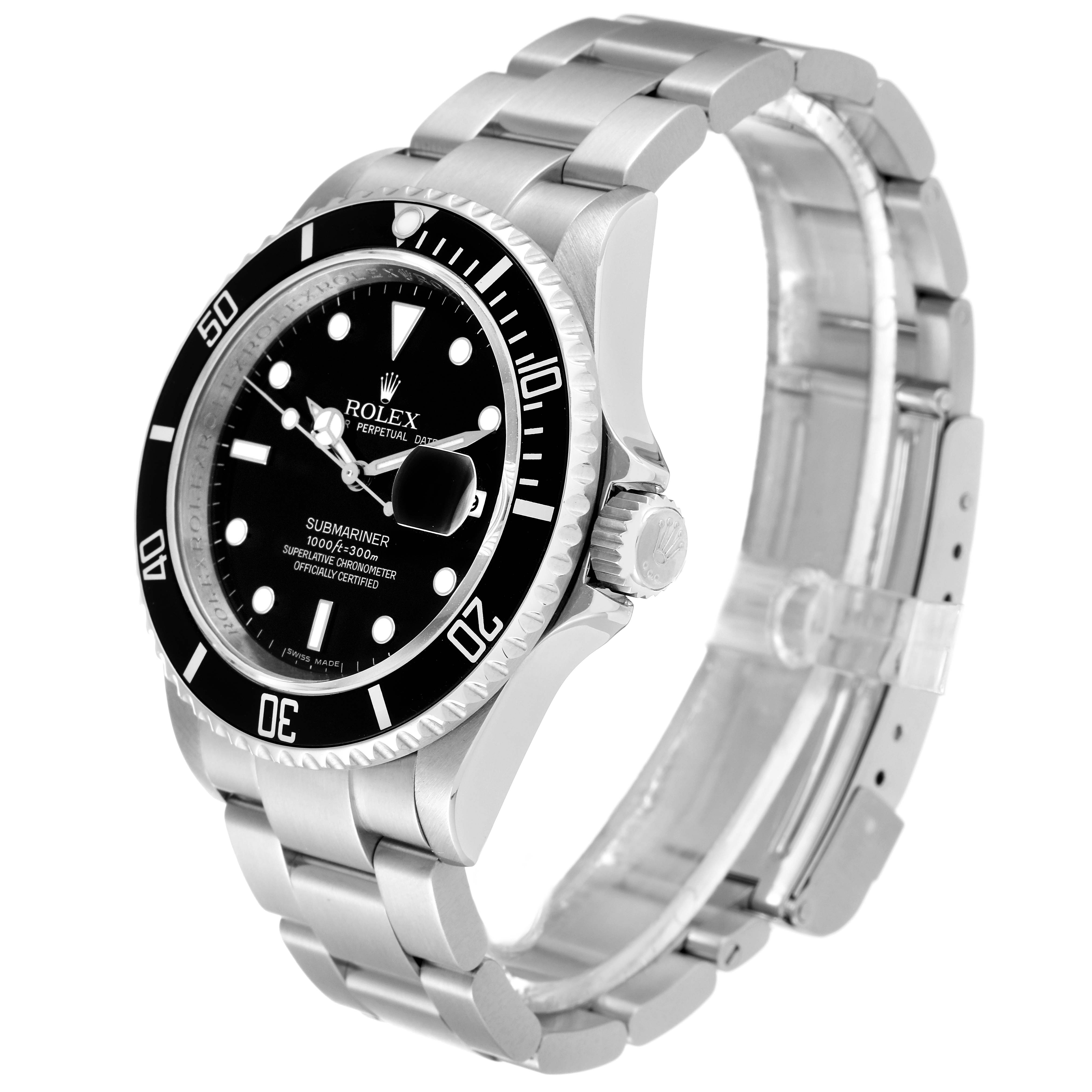 The image shows a Rolex Submariner 16610 Men
s Stainless Steel Black Dial 16610 Men
s Stainless Steel Black Dial watch at a three-quarter angle, highlighting the dial, bezel, crown, and stainless steel bracelet.