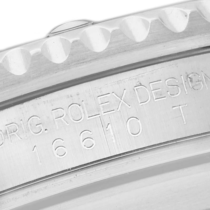 This image shows an engraving on the case side of a Rolex Submariner 16610 Men
s Stainless Steel Black Dial 16610 Men
s Stainless Steel Black Dial watch, highlighting the model and brand details.