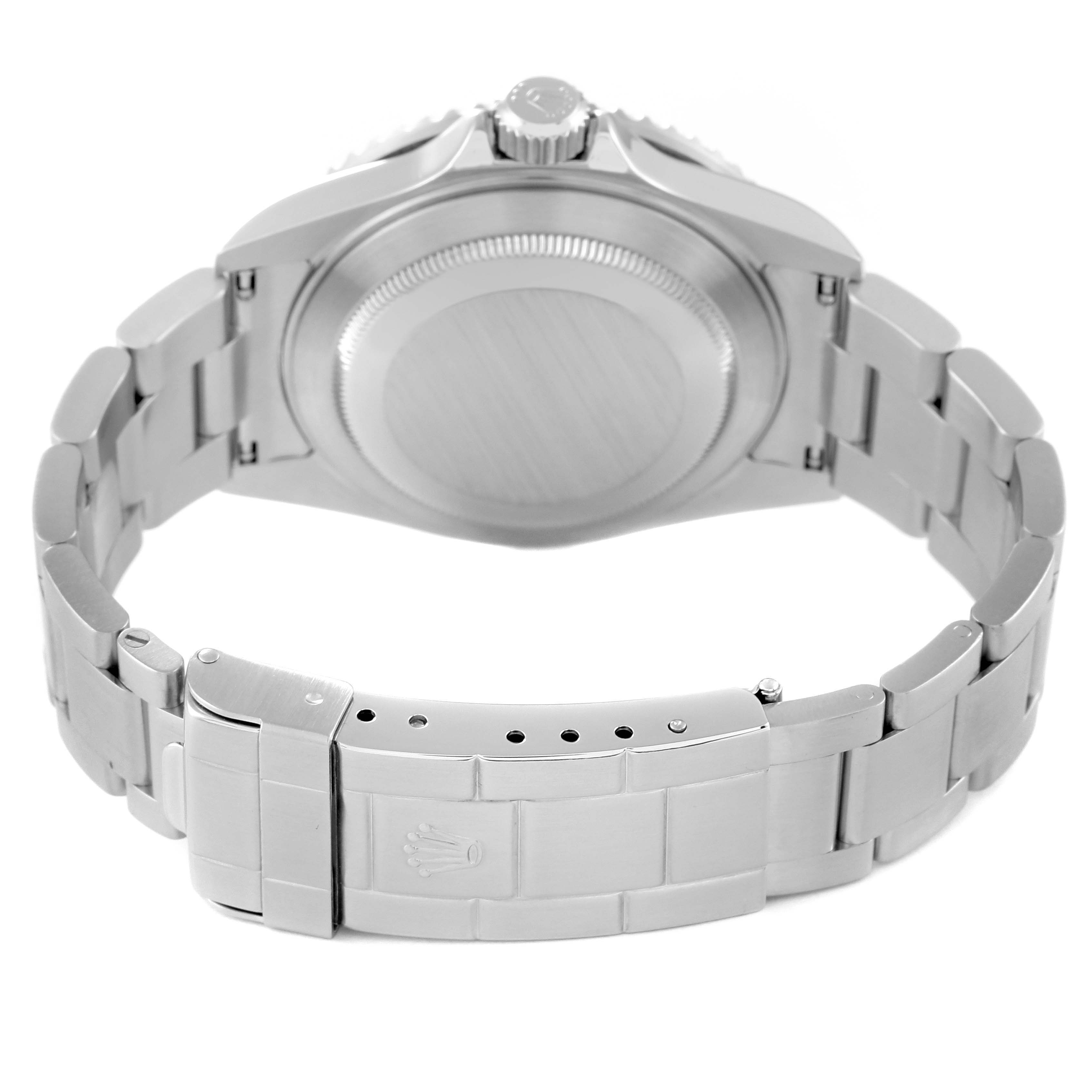 This image shows the back view of a Rolex Submariner 16610 Men
s Stainless Steel Black Dial 16610 Men
s Stainless Steel Black Dial watch, highlighting its bracelet, clasp, case back, and crown.