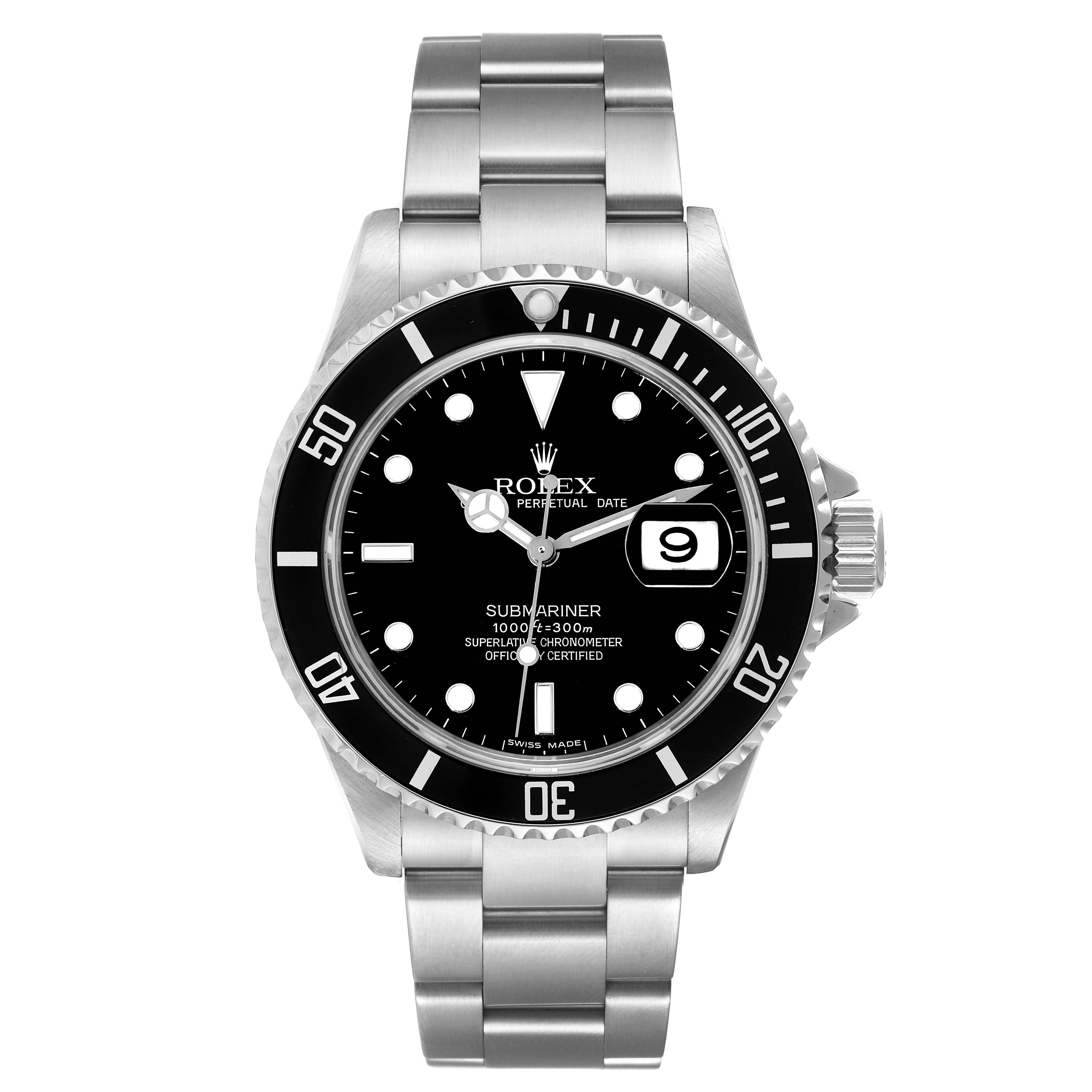 The image shows a front view of the Rolex Submariner 16610 Men
s Stainless Steel Black Dial 16610 Men
s Stainless Steel Black Dial watch, displaying its case, bezel, dial, bracelet, and crown.
