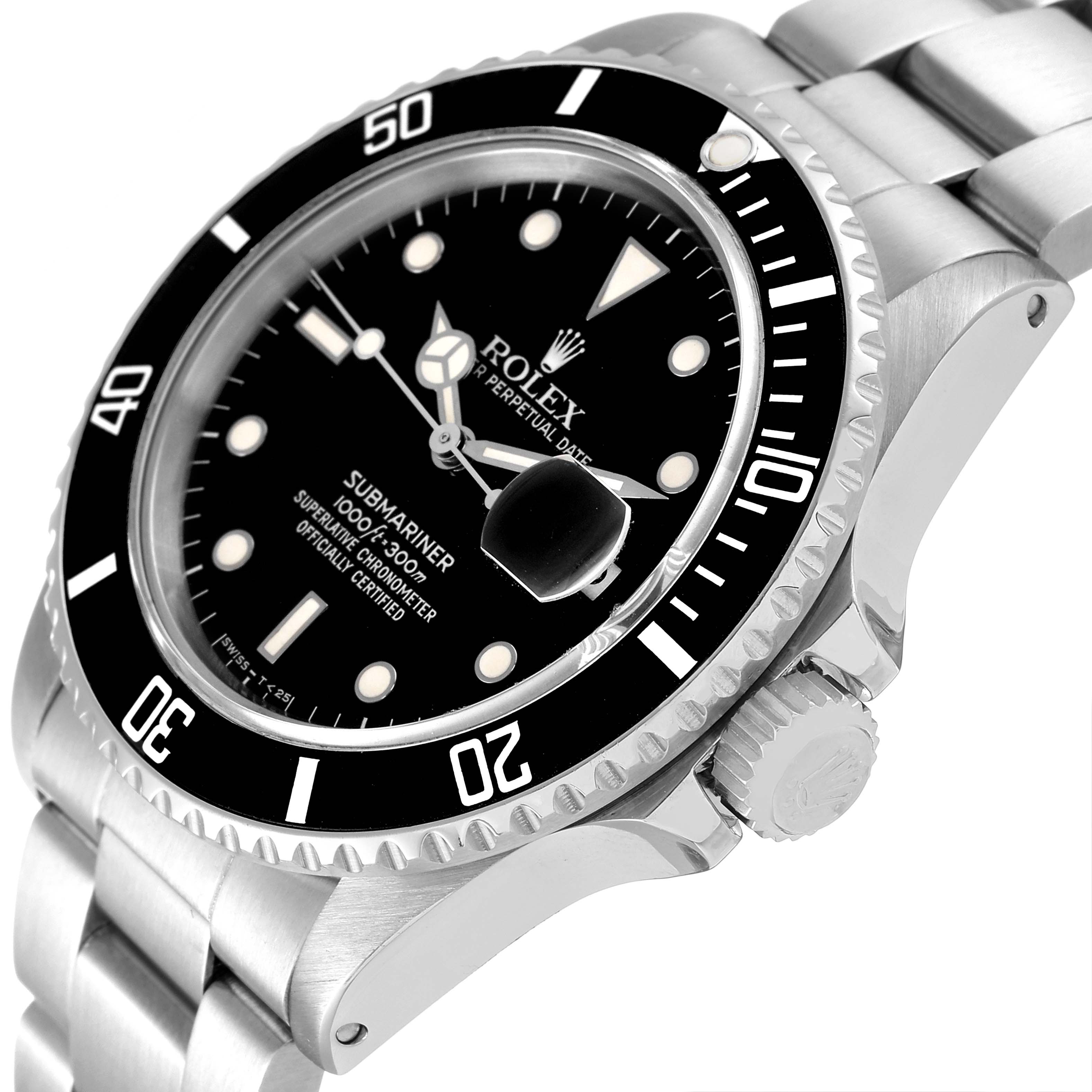 The image shows a Rolex Submariner 16800 Men
s Stainless Steel Black Dial 16800 Men
s Stainless Steel Black Dial watch at an angle highlighting its face, bezel, and part of the bracelet and crown.