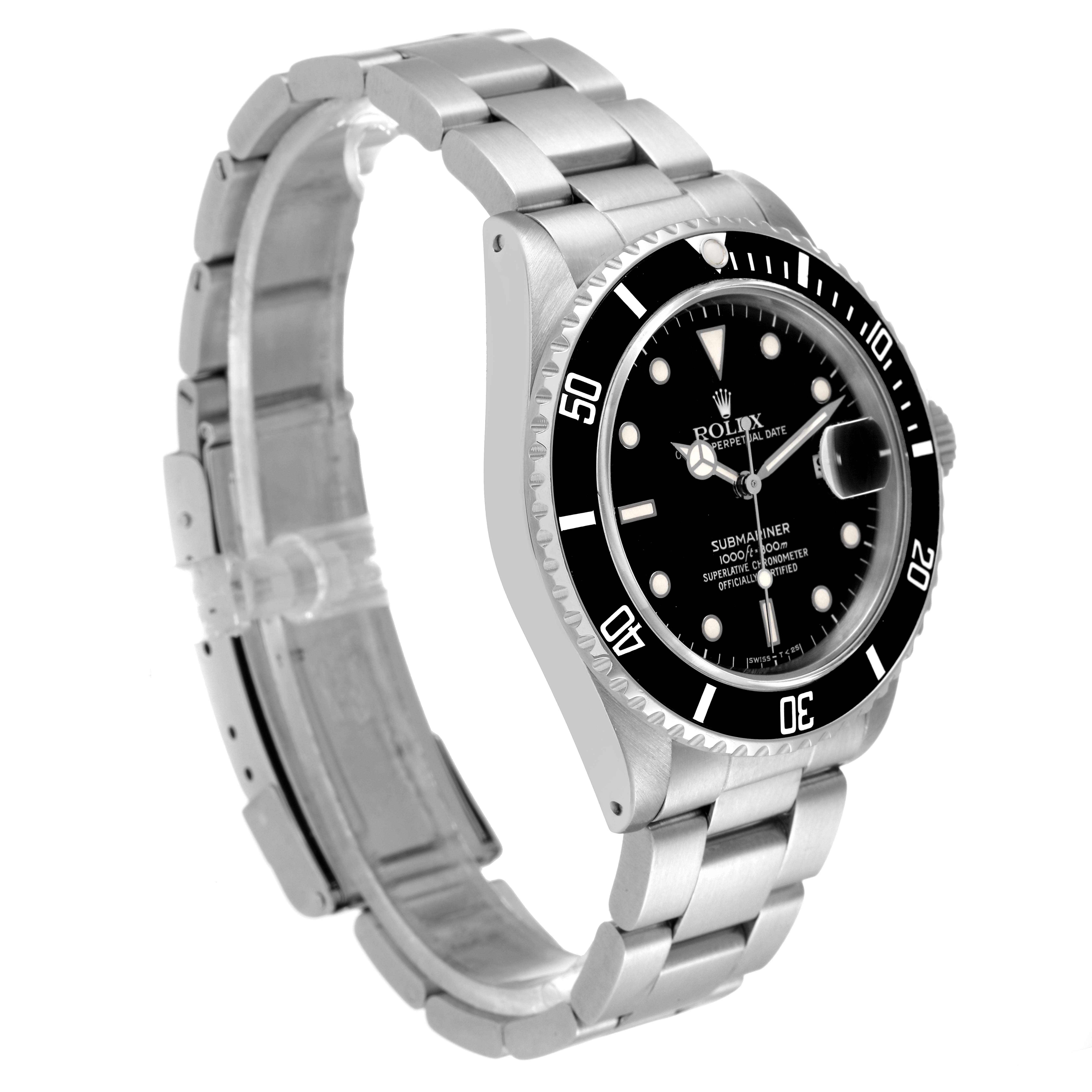 The Rolex Submariner 16800 Men
s Stainless Steel Black Dial 16800 Men
s Stainless Steel Black Dial watch is shown at a three-quarter angle highlighting its face, bezel, and bracelet.
