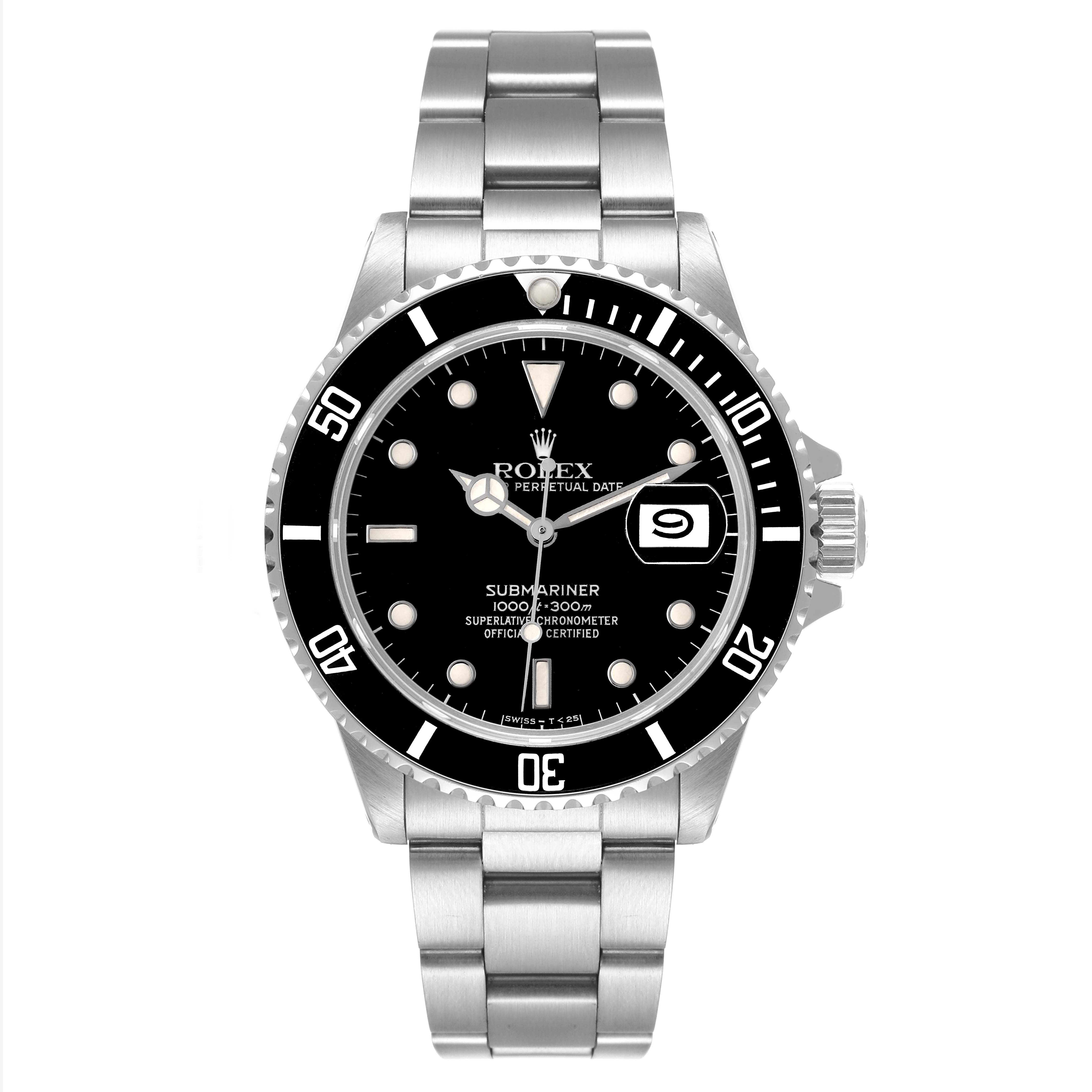 This image shows a front view of a Rolex Submariner 16800 Men
s Stainless Steel Black Dial 16800 Men
s Stainless Steel Black Dial watch, featuring the dial, bezel, and bracelet.