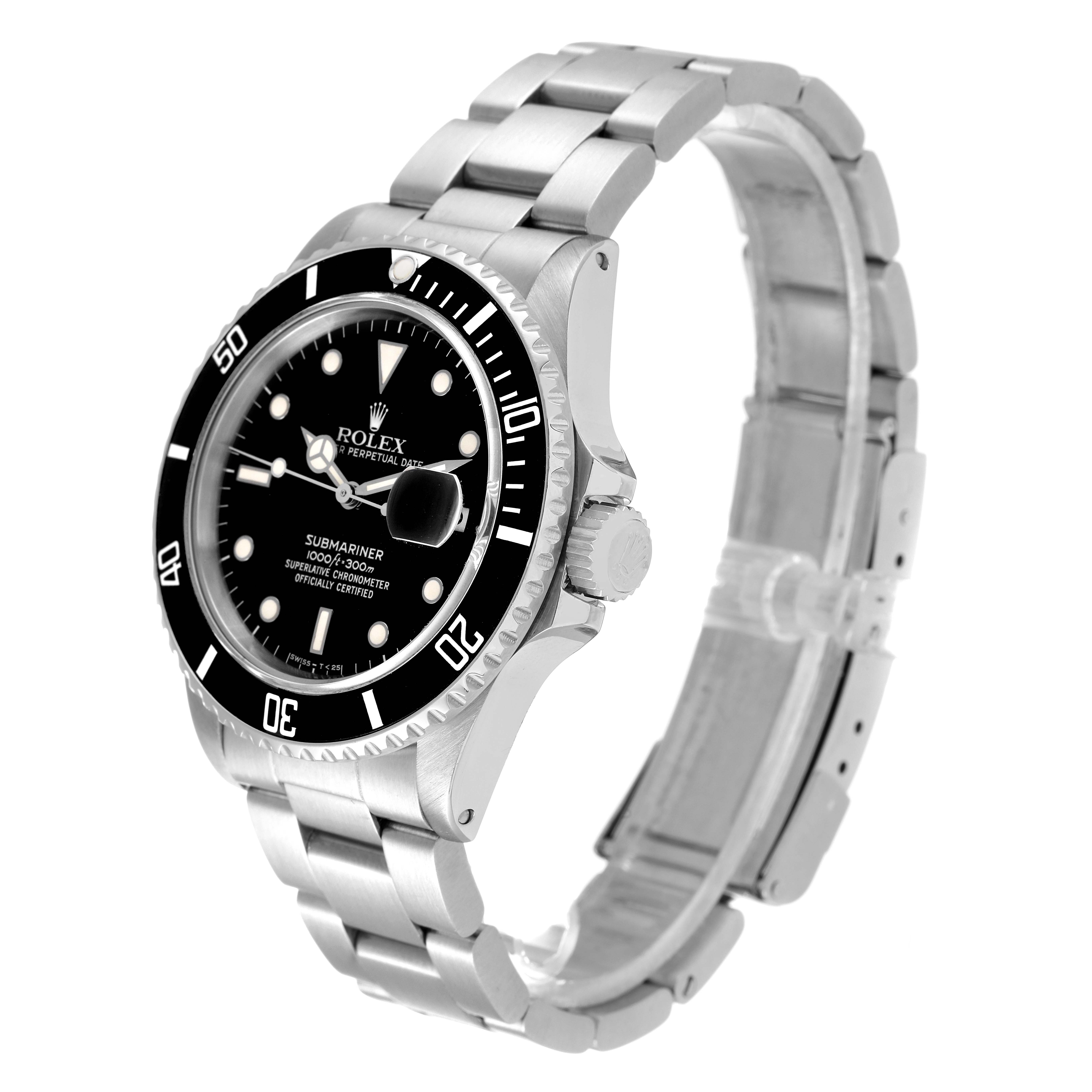 The image shows a side angle of the Rolex Submariner 16800 Men
s Stainless Steel Black Dial 16800 Men
s Stainless Steel Black Dial, showcasing its dial, bezel, crown, and stainless steel bracelet.