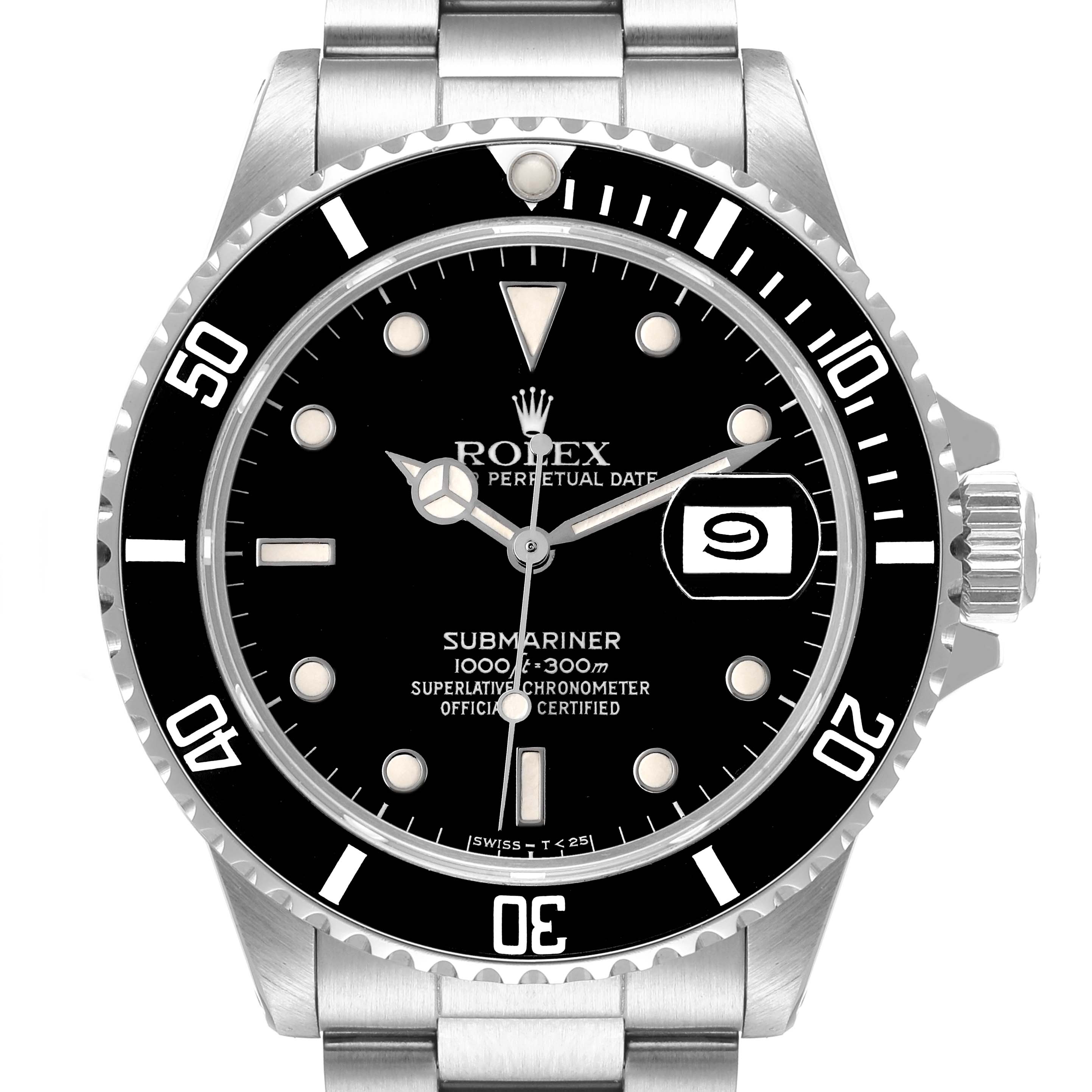 The image shows a frontal view of the Rolex Submariner 16800 Men
s Stainless Steel Black Dial 16800 Men
s Stainless Steel Black Dial watch, highlighting its black dial, bezel, and stainless steel bracelet.