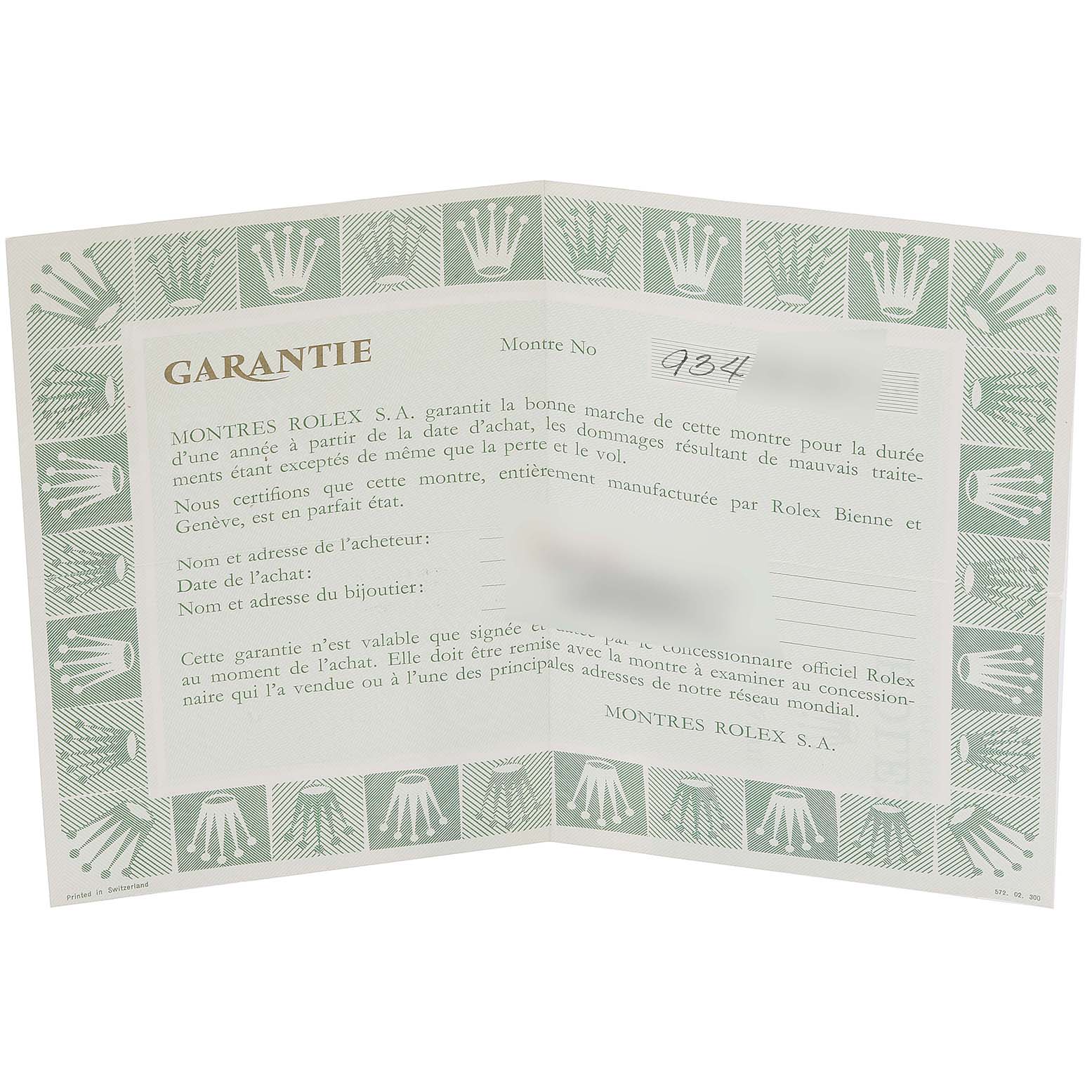 This image shows the guarantee certificate for a Rolex Submariner 16800 Men
s Stainless Steel Black Dial 16800 Men
s Stainless Steel Black Dial watch.