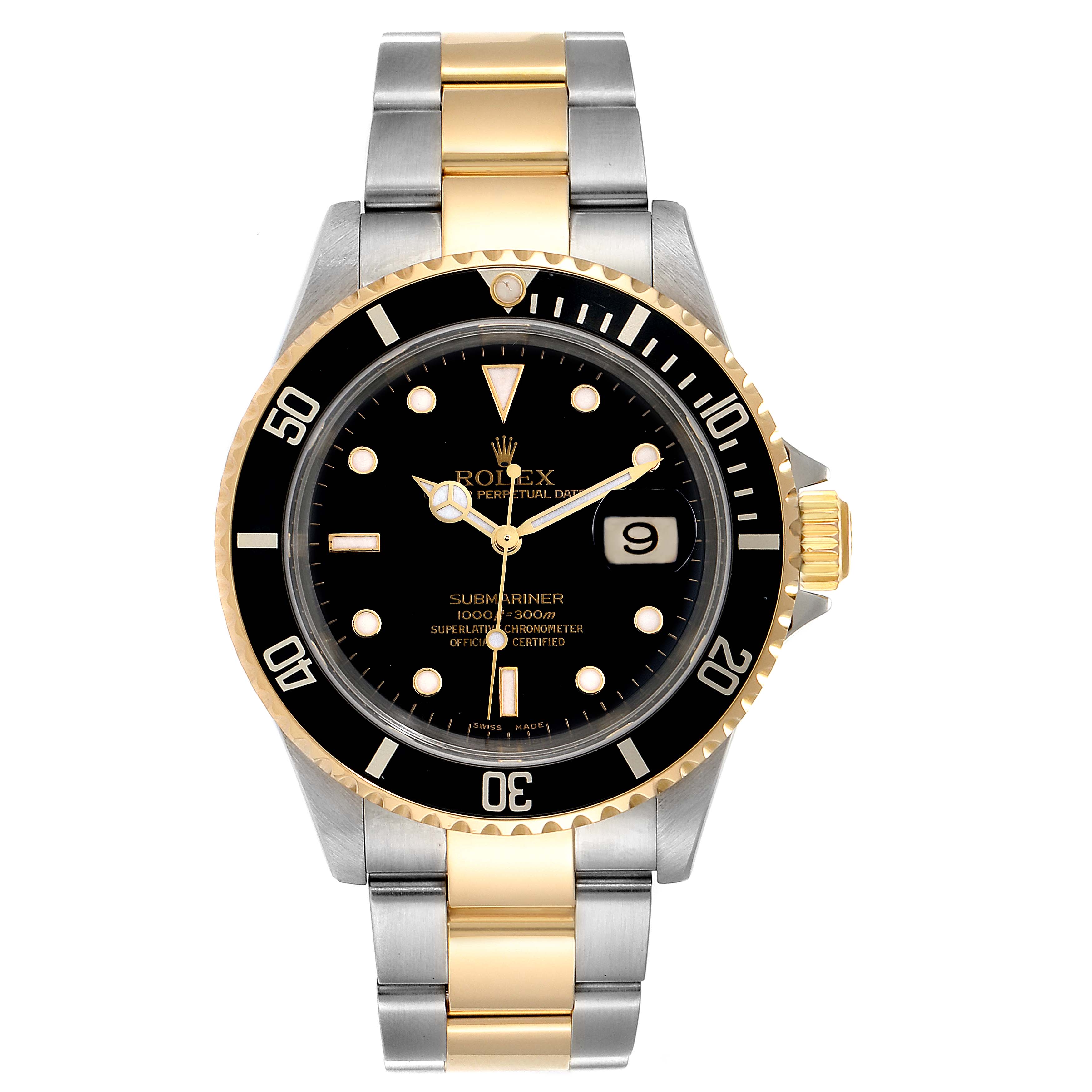 This is a frontal view of the Rolex Submariner 16613 Men's Steel and Gold (two tone) Black Dial 16613 Men's Steel and Gold (two tone) Black Dial, showing the dial, bezel, case, and bracelet.
