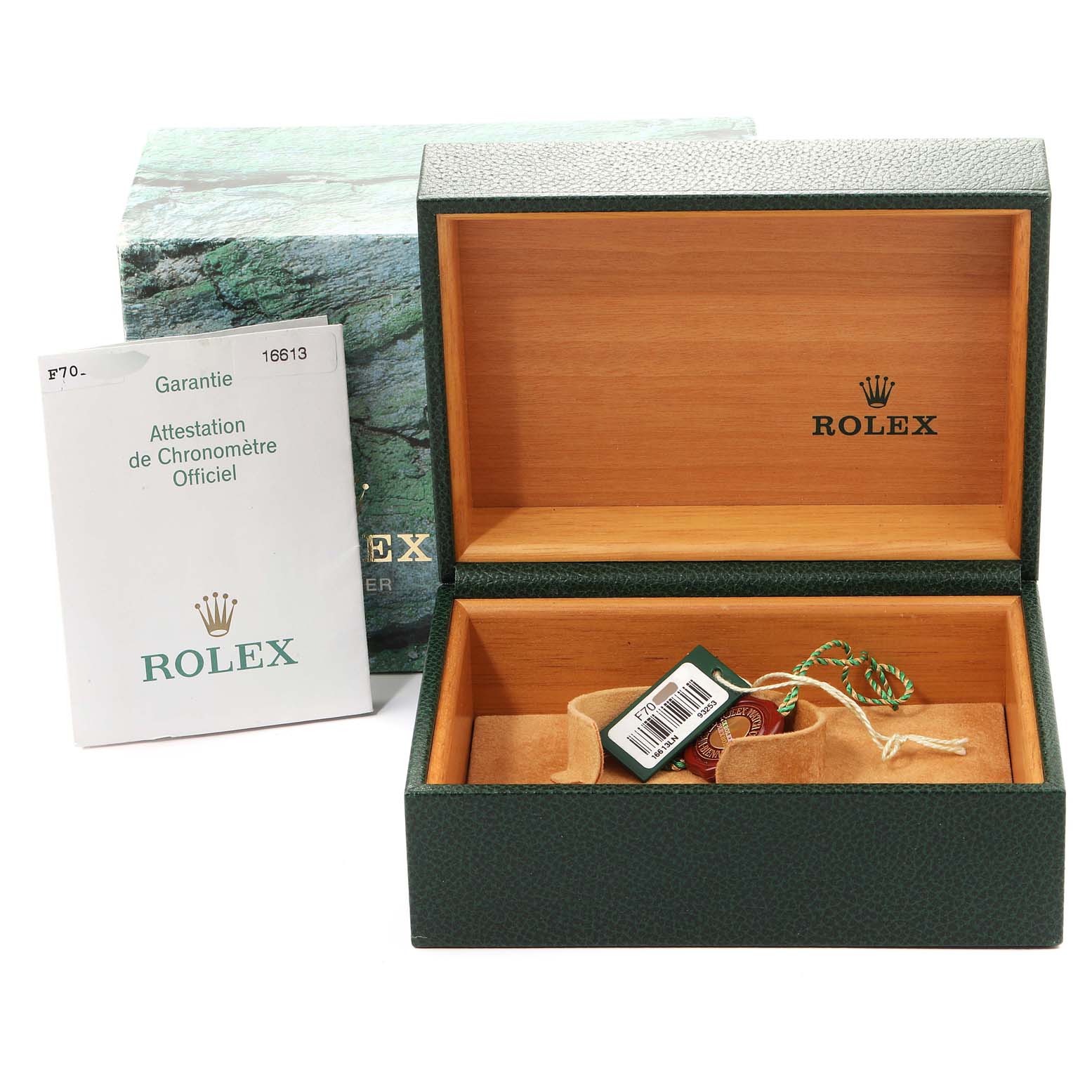 The image shows an open Rolex Submariner 16613 Men's Steel and Gold (two tone) Black Dial 16613 Men's Steel and Gold (two tone) Black Dial watch box, along with warranty papers and tags.