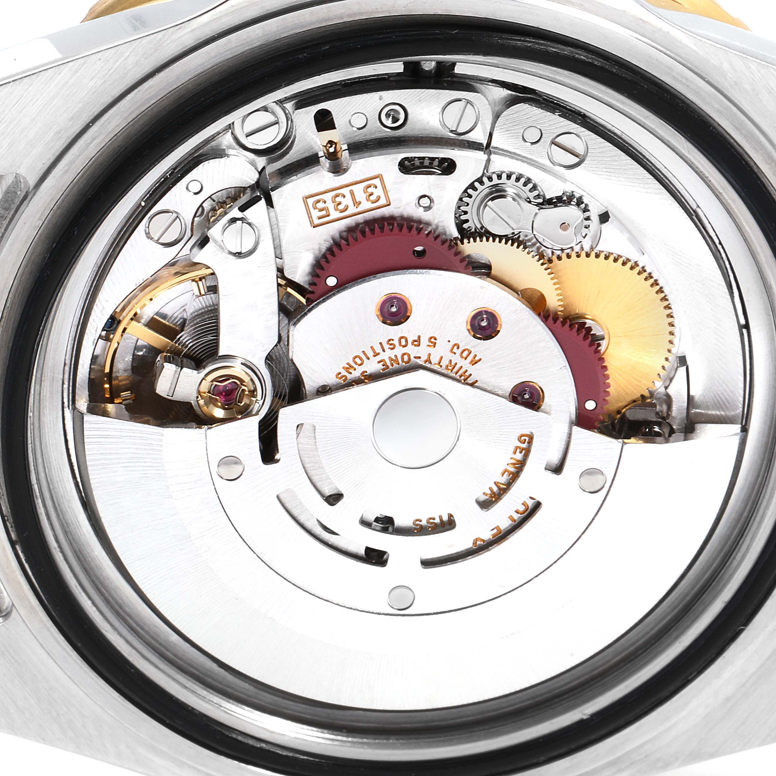 The image shows a close-up view of the Rolex Submariner 16613 Men's Steel and Gold (two tone) Black Dial 16613 Men's Steel and Gold (two tone) Black Dial's movement, detailing gears, jewels, and the rotor.