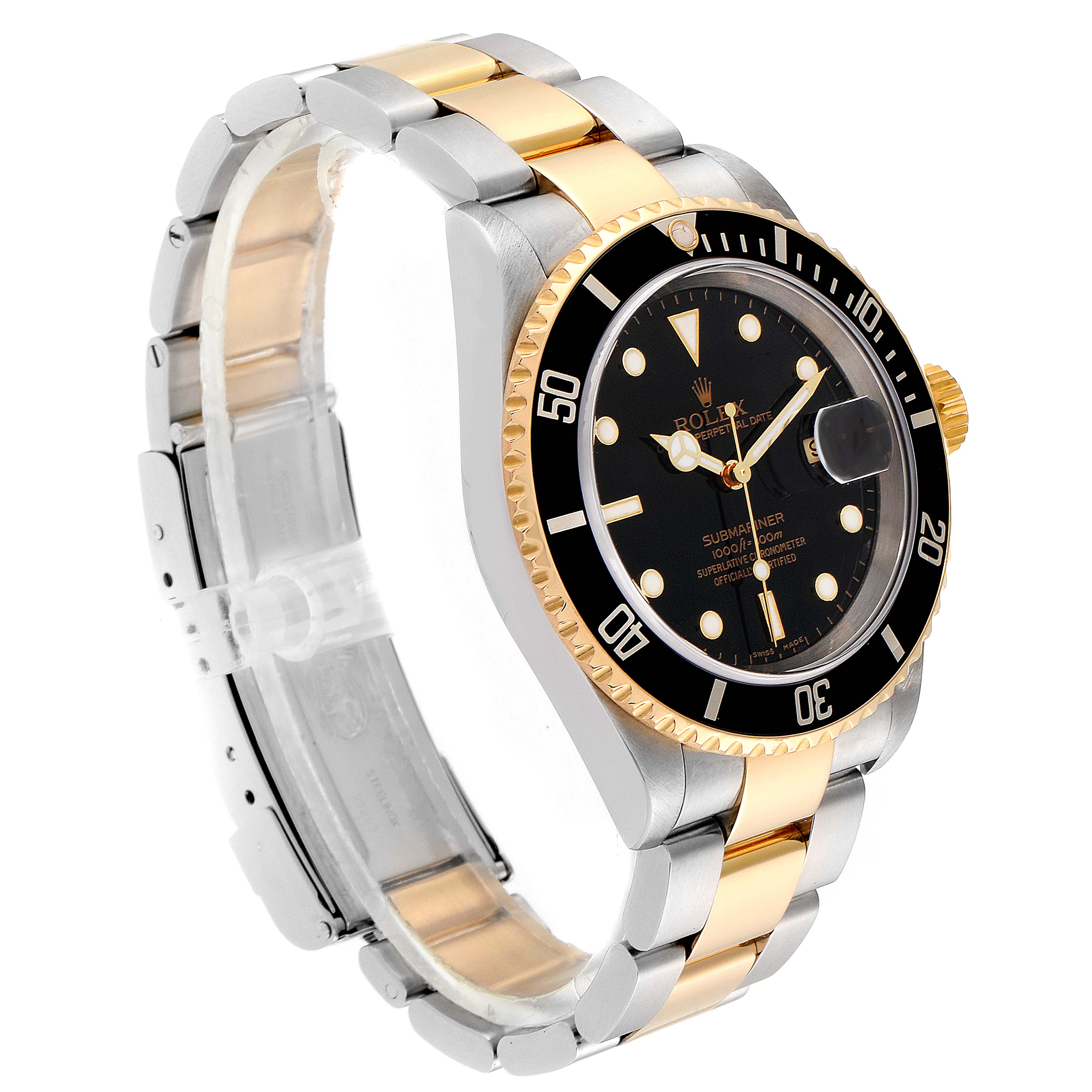 The image shows a Rolex Submariner 16613 Men's Steel and Gold (two tone) Black Dial 16613 Men's Steel and Gold (two tone) Black Dial watch at an angle highlighting its black dial, gold bezel, and two-tone stainless steel and gold bracelet.