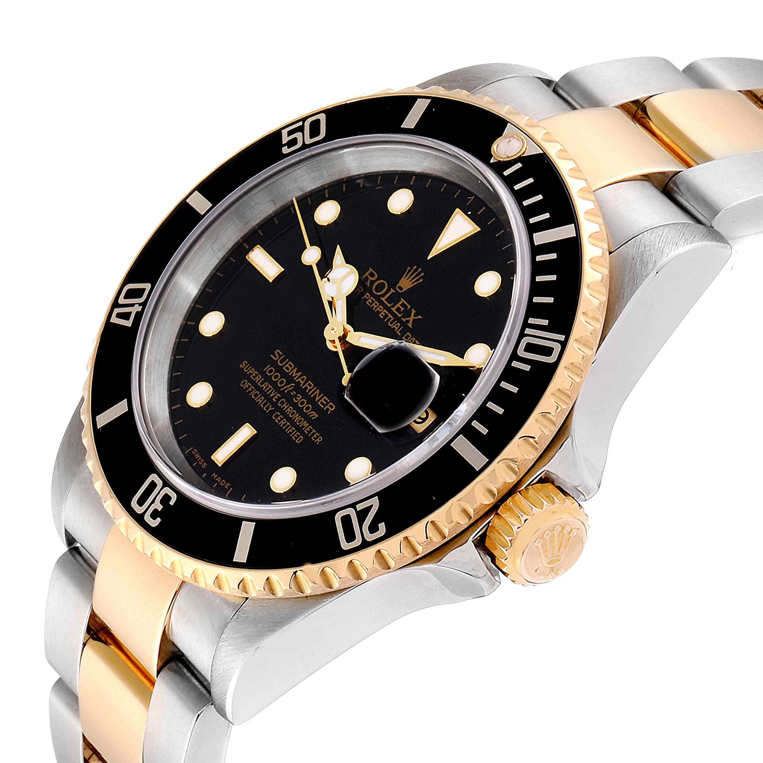 This image shows a close-up, angled view of a Rolex Submariner 16613 Men's Steel and Gold (two tone) Black Dial 16613 Men's Steel and Gold (two tone) Black Dial watch, highlighting the bezel, dial, crown, and part of the bracelet.