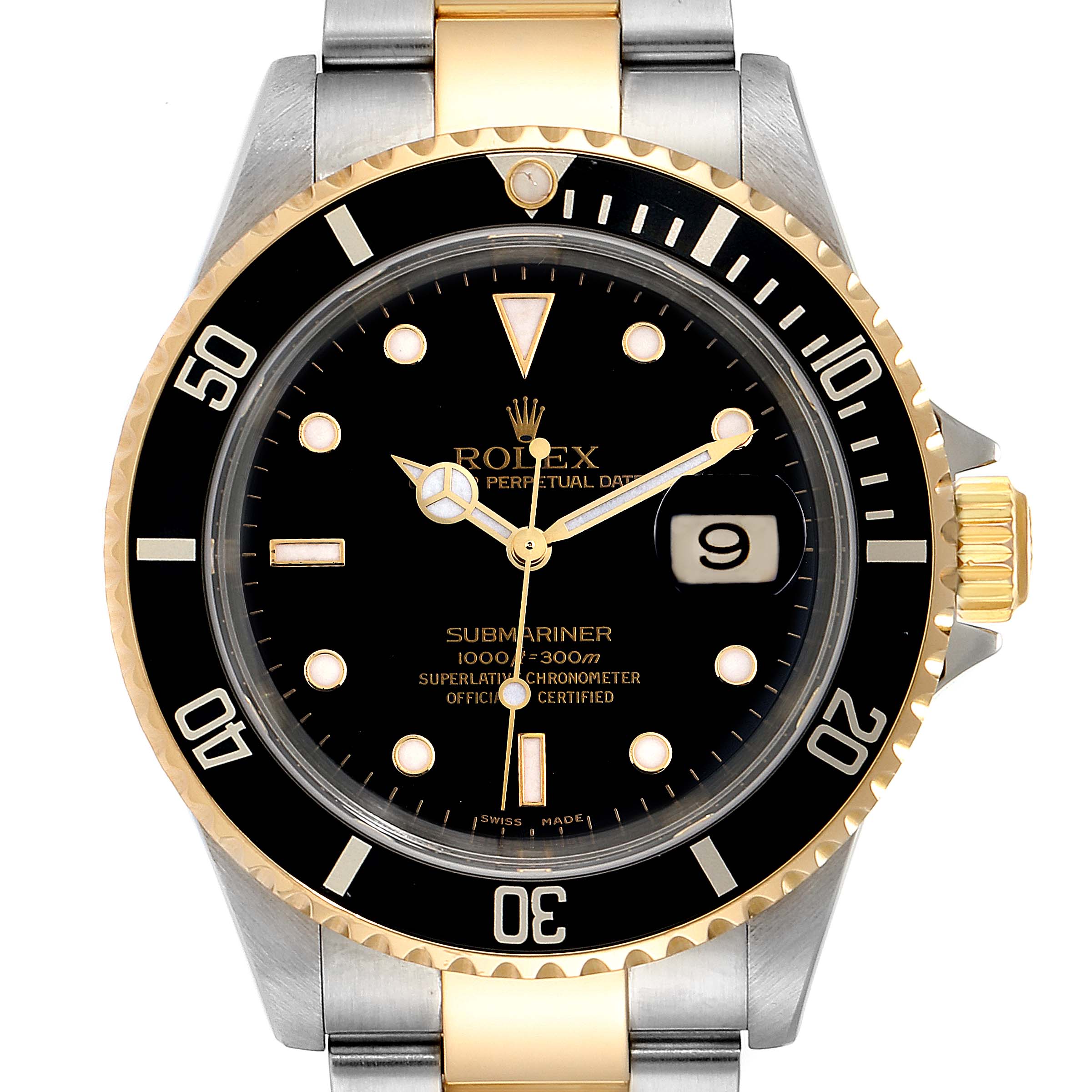 This image shows a front view of a Rolex Submariner 16613 Men's Steel and Gold (two tone) Black Dial 16613 Men's Steel and Gold (two tone) Black Dial watch, highlighting the face, bezel, and part of the bracelet.