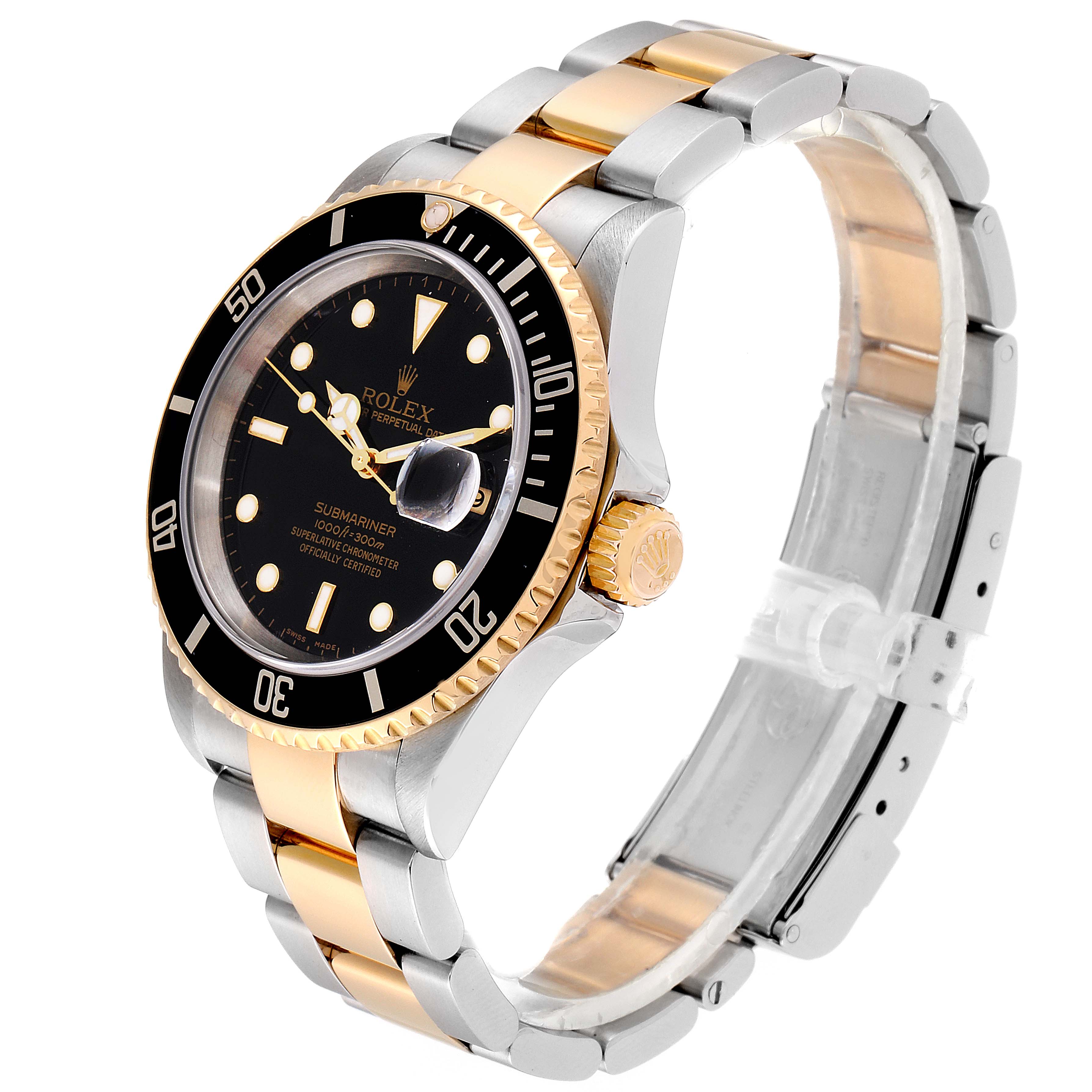 The Rolex Submariner 16613 Men's Steel and Gold (two tone) Black Dial 16613 Men's Steel and Gold (two tone) Black Dial is shown at an oblique angle, highlighting its two-tone bracelet, black dial, and unidirectional bezel.