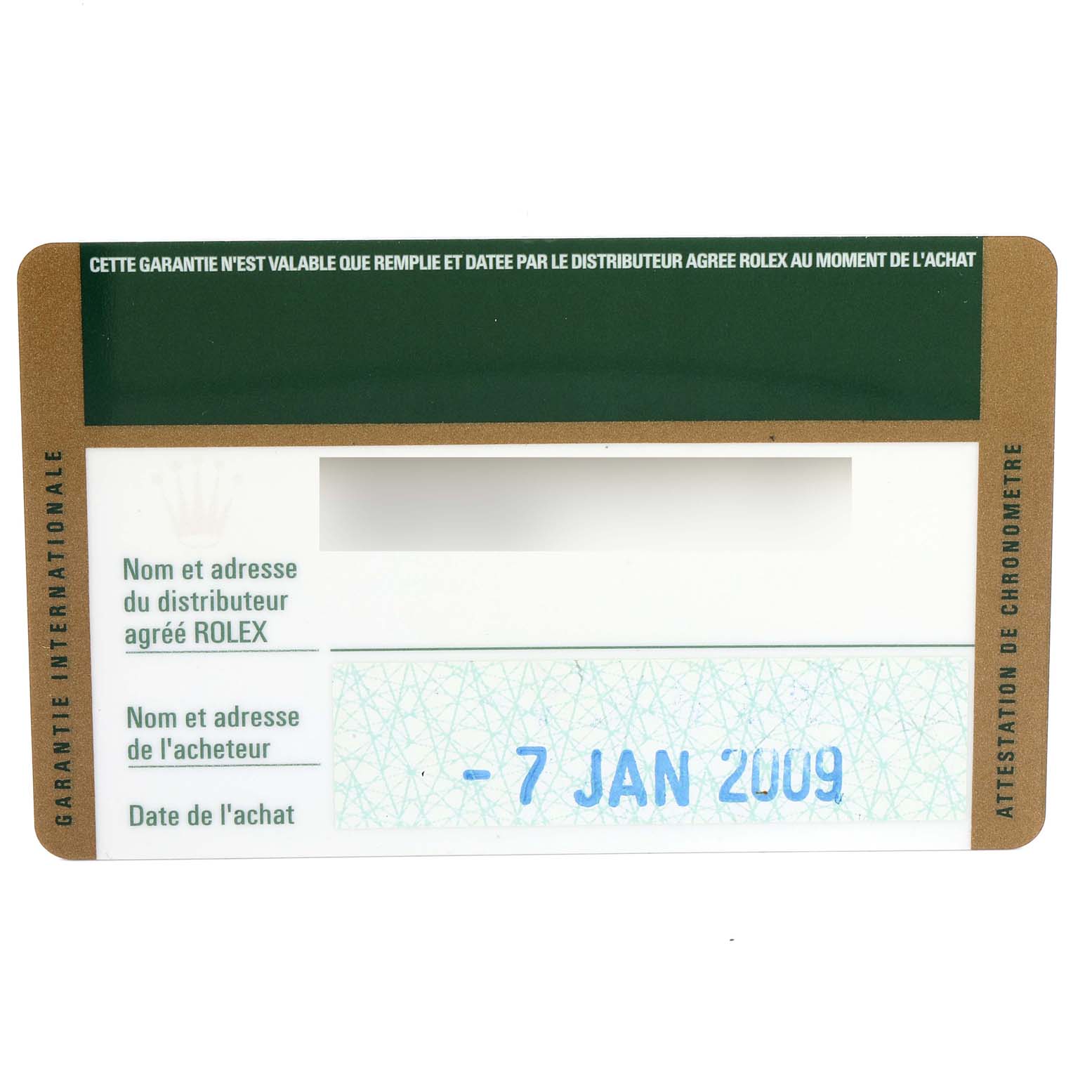 The image shows the guarantee card for a Rolex Submariner 14060M Men
s Stainless Steel Black Dial 14060M Men
s Stainless Steel Black Dial watch, dated January 7, 2009.