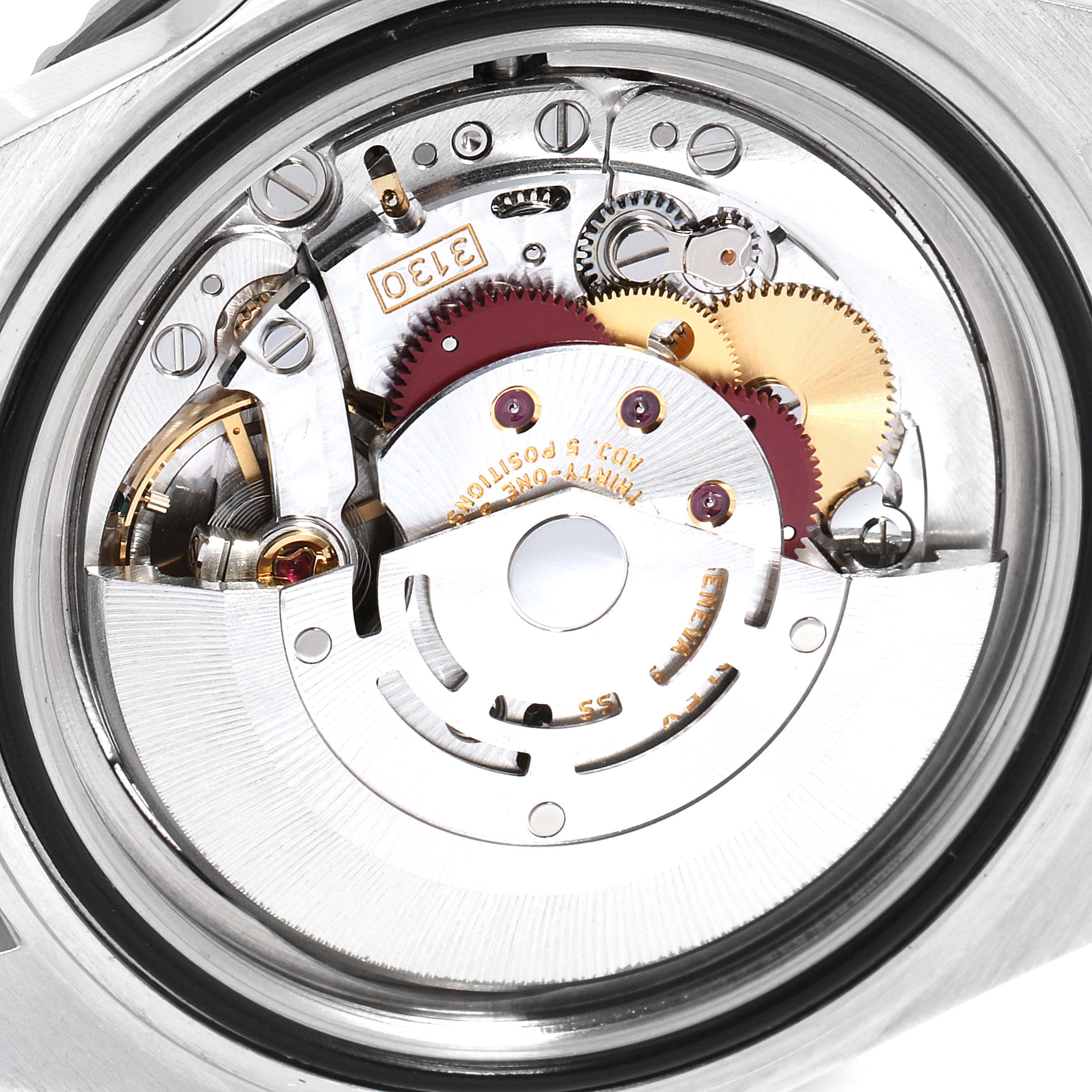 The image shows a detailed view of the movement inside a Rolex Submariner 14060M Men
s Stainless Steel Black Dial 14060M Men
s Stainless Steel Black Dial watch, displaying gears and mechanical components.