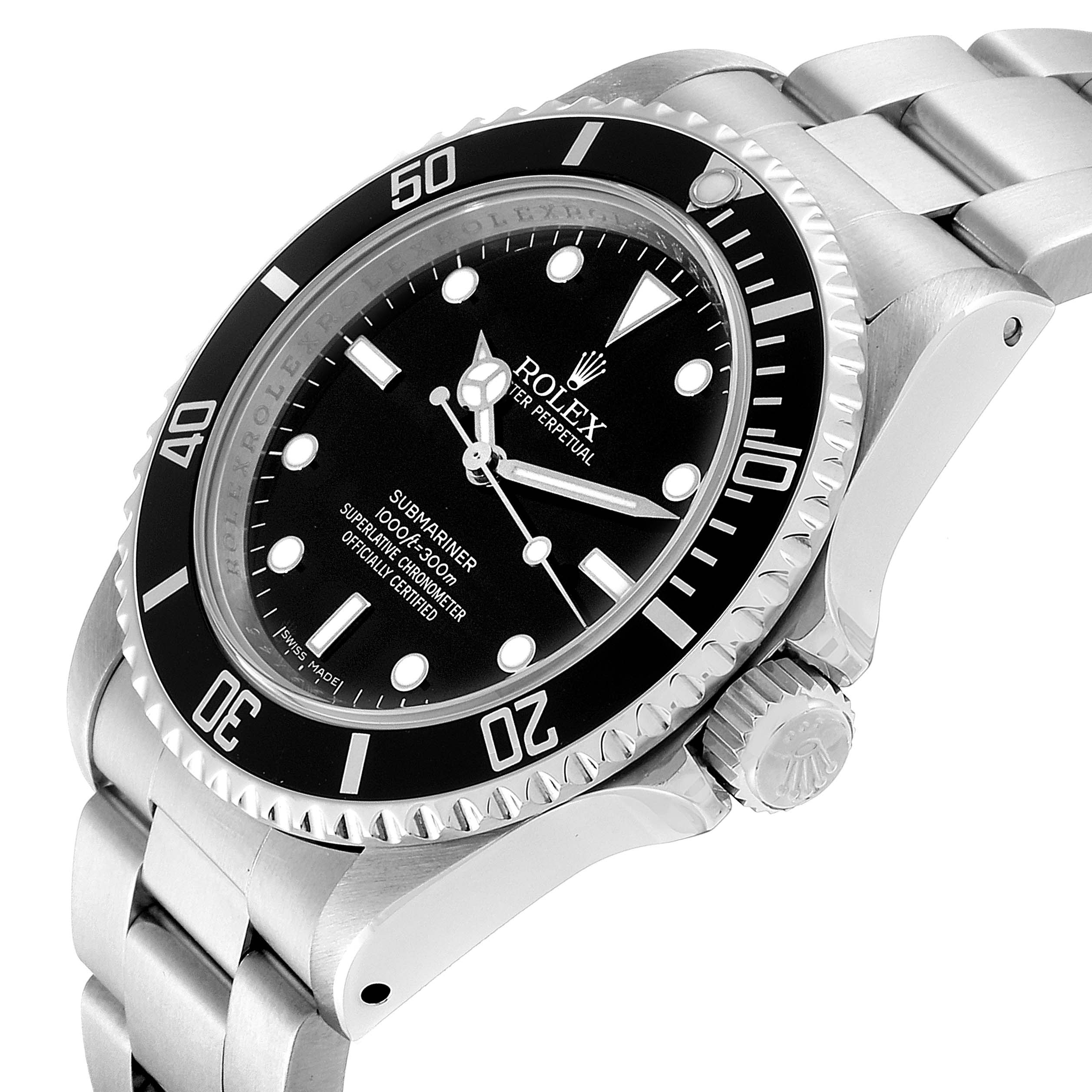 The image shows a Rolex Submariner 14060M Men
s Stainless Steel Black Dial 14060M Men
s Stainless Steel Black Dial watch from a side angle, highlighting the face, bezel, crown, and part of the stainless steel bracelet.