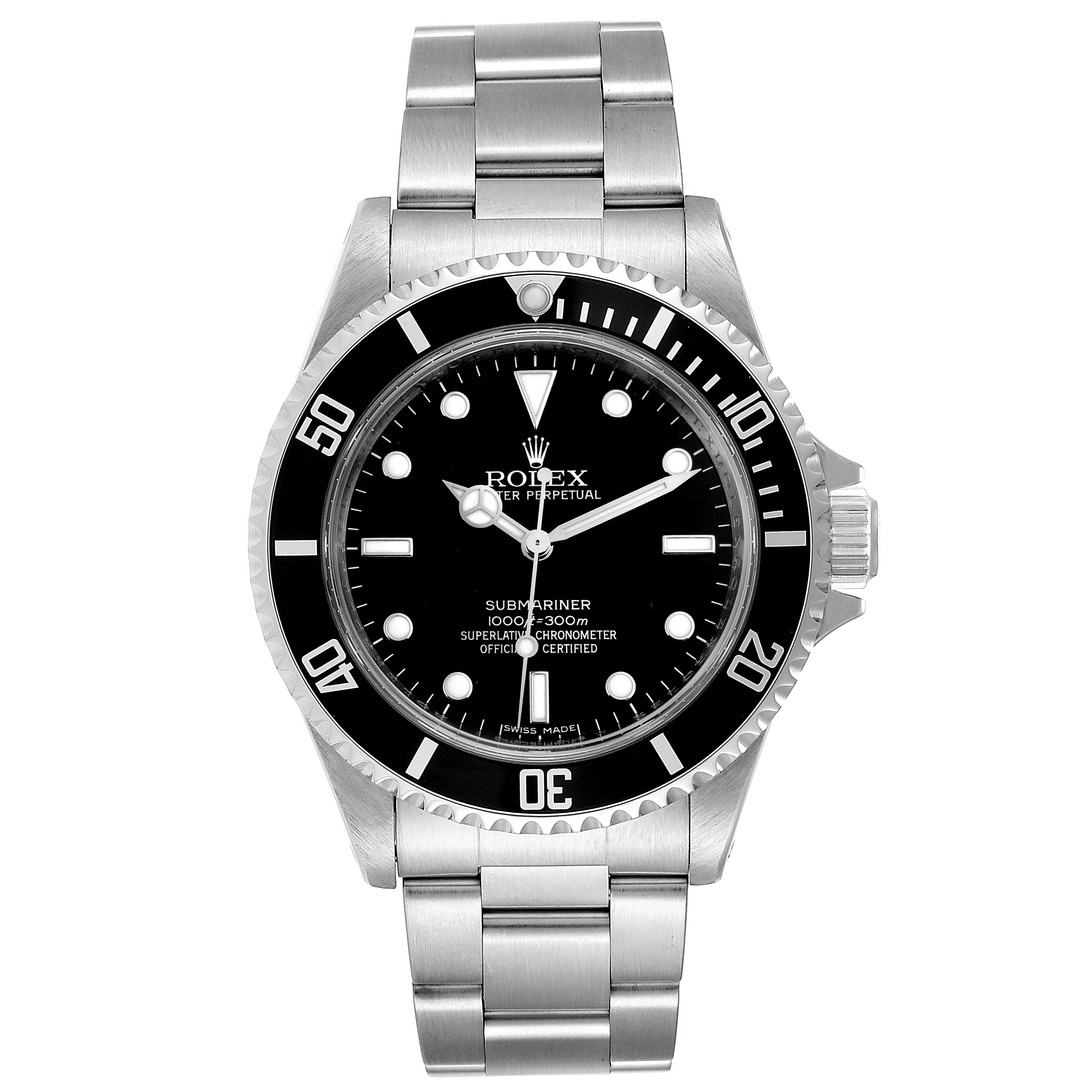 This image shows a front view of a Rolex Submariner 14060M Men
s Stainless Steel Black Dial 14060M Men
s Stainless Steel Black Dial watch, displaying the dial, bezel, and bracelet.