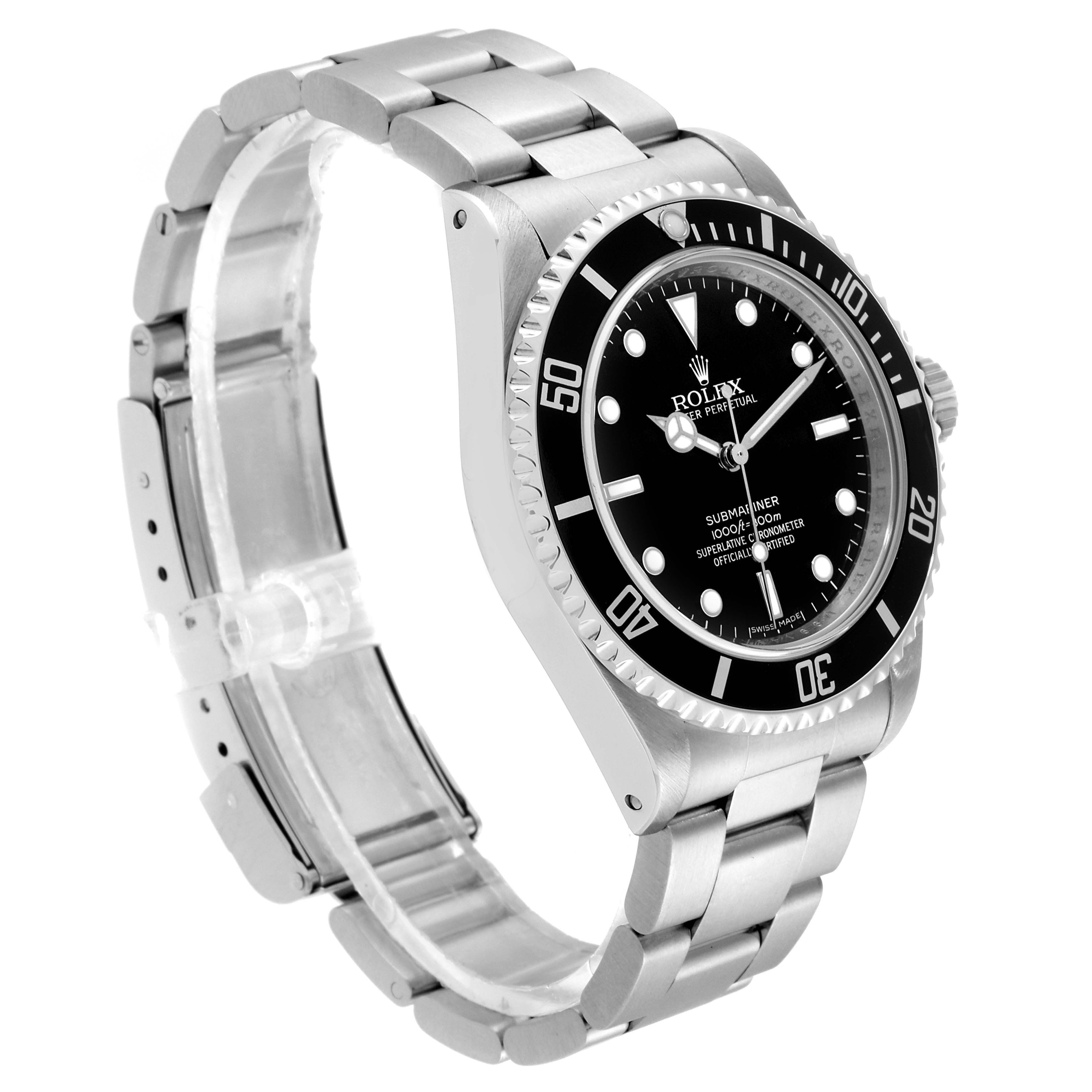 The image shows a side view of the Rolex Submariner 14060M Men
s Stainless Steel Black Dial 14060M Men
s Stainless Steel Black Dial watch, highlighting the bezel, dial, and bracelet.