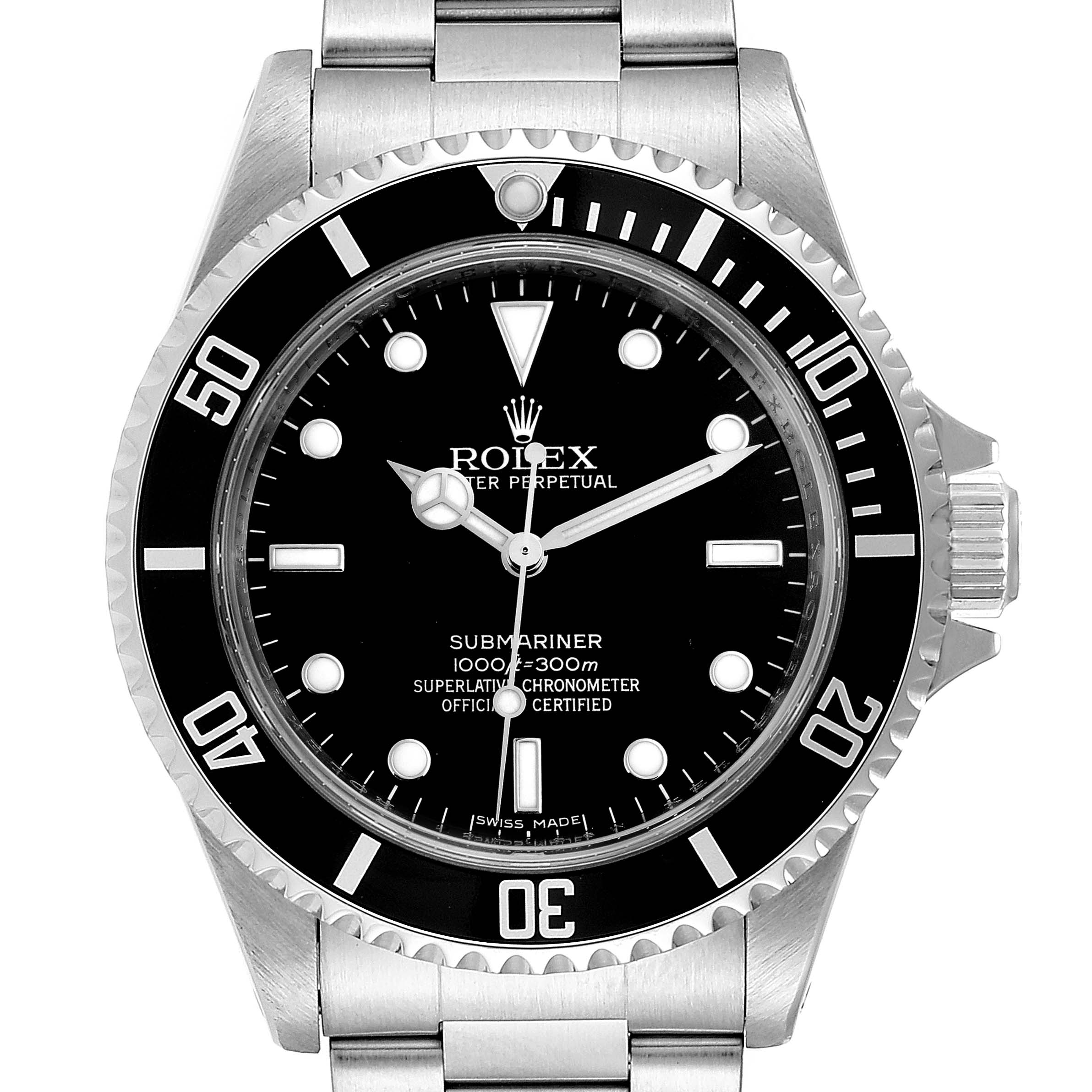 The image shows a frontal view of a Rolex Submariner 14060M Men
s Stainless Steel Black Dial 14060M Men
s Stainless Steel Black Dial watch, including its bezel, dial, and bracelet.