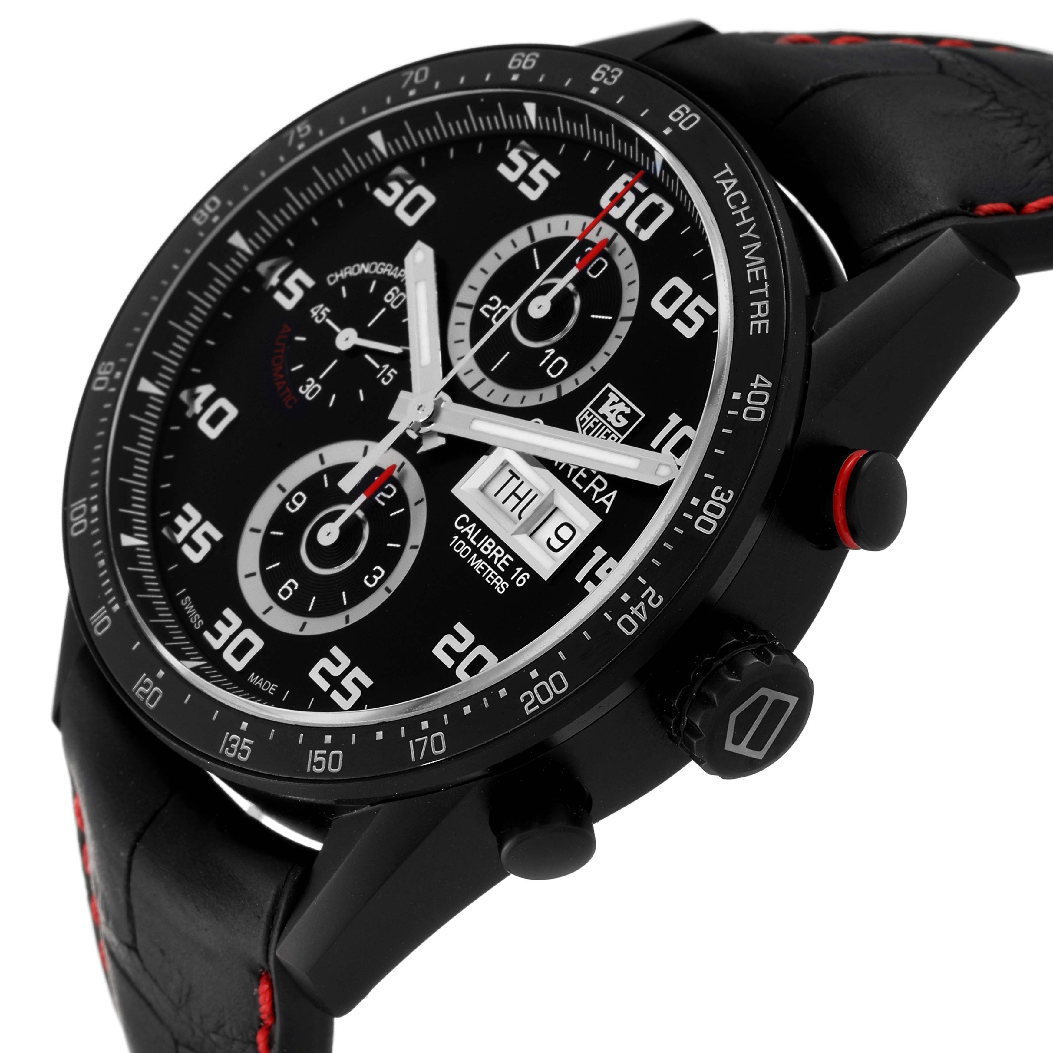 The image shows a close-up angled view of a Tag Heuer Carrera CV2A81.FC6237 Men's Titanium Black Dial CV2A81.FC6237 Men's Titanium Black Dial watch, highlighting its dial, bezel, and crown.