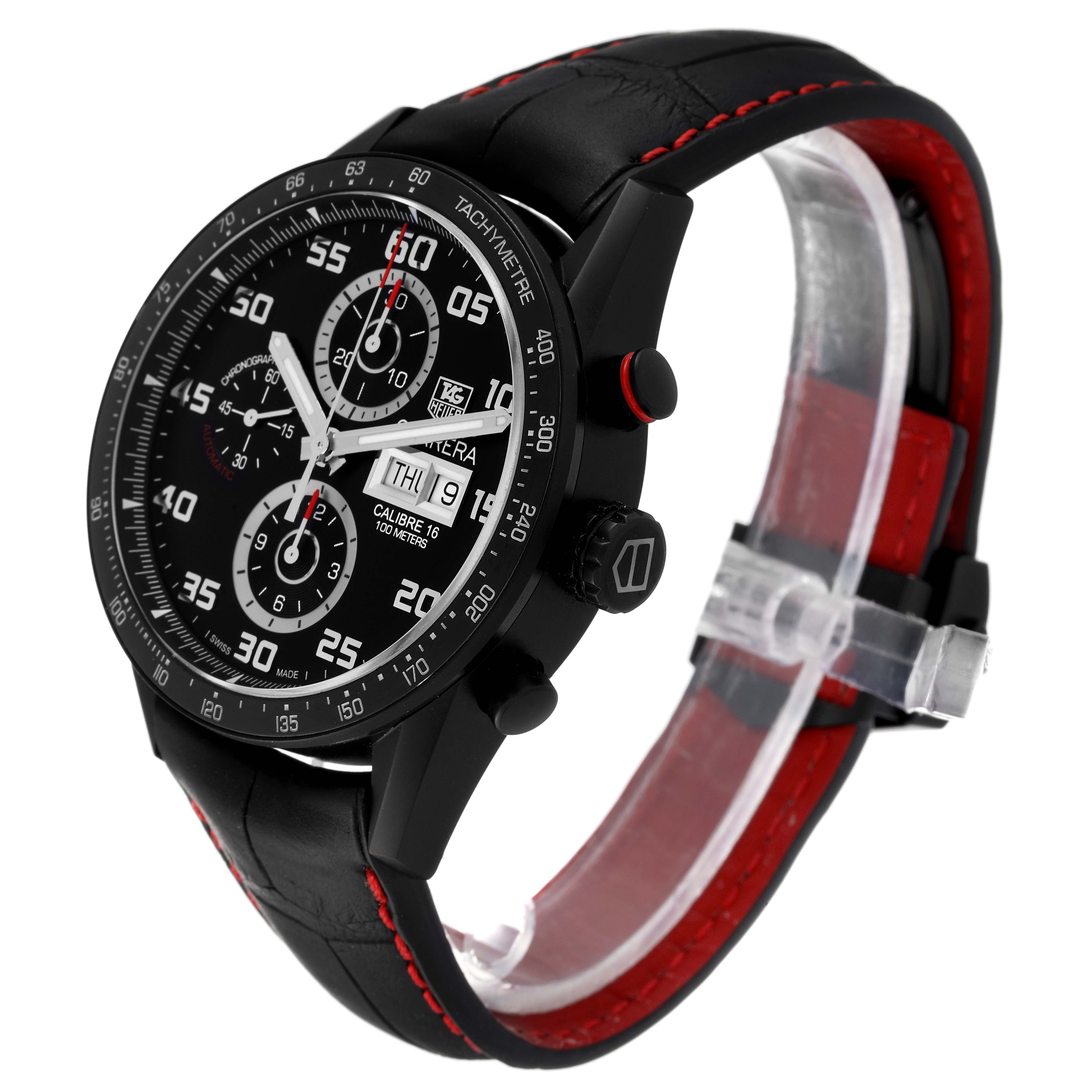 The Tag Heuer Carrera CV2A81.FC6237 Men's Titanium Black Dial CV2A81.FC6237 Men's Titanium Black Dial watch is shown at an angle showcasing the front dial, side buttons, and the leather strap detail.