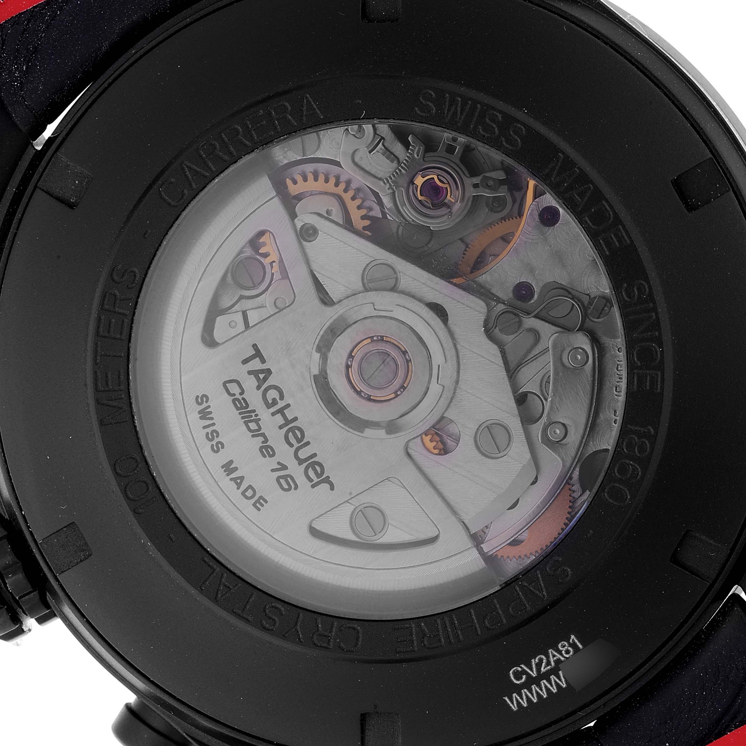 The image shows the back view of a Tag Heuer Carrera CV2A81.FC6237 Men's Titanium Black Dial CV2A81.FC6237 Men's Titanium Black Dial watch, revealing its mechanical movement and internal components.