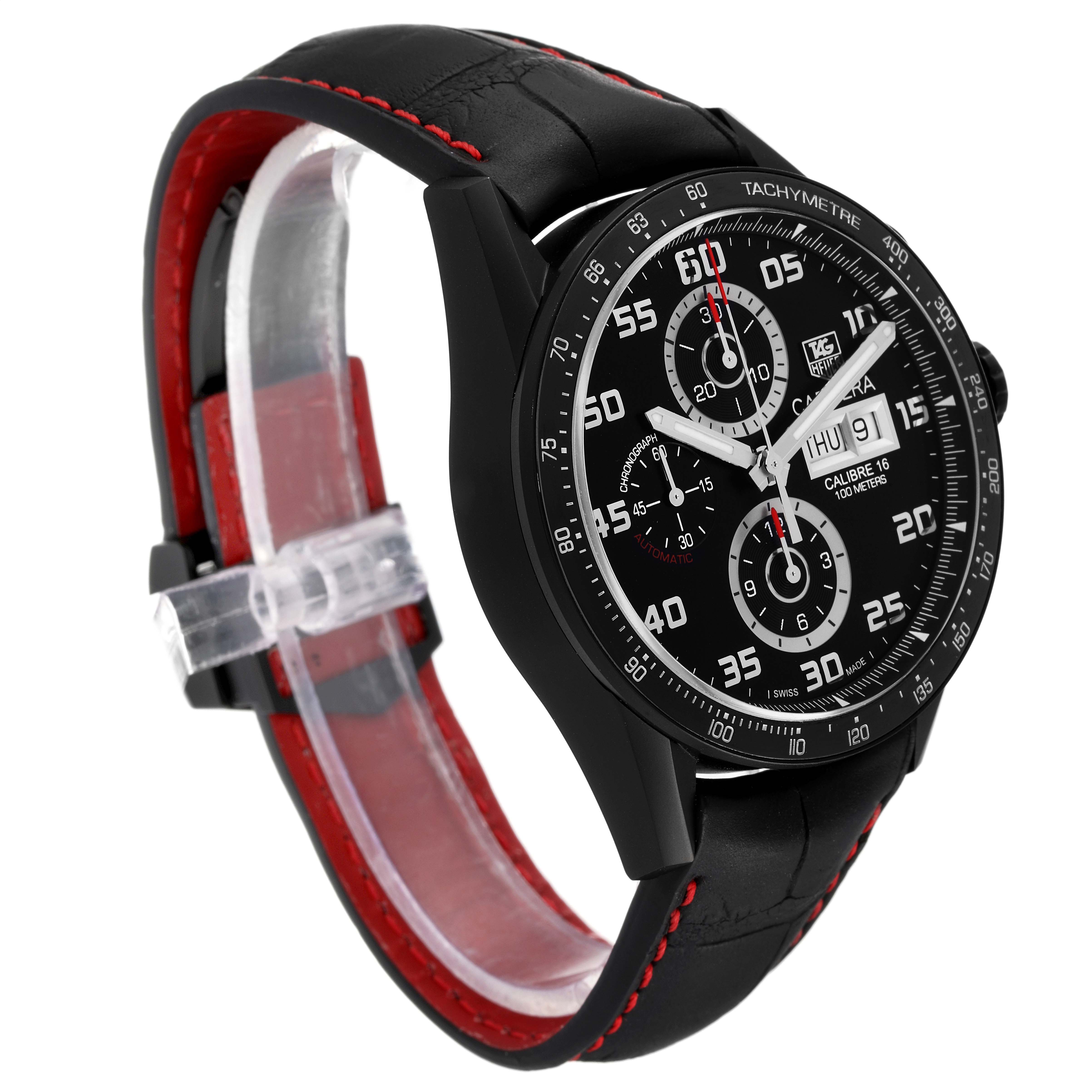This image shows a side angle of the Tag Heuer Carrera CV2A81.FC6237 Men's Titanium Black Dial CV2A81.FC6237 Men's Titanium Black Dial model, highlighting its black strap, red stitching, and tachymeter bezel.