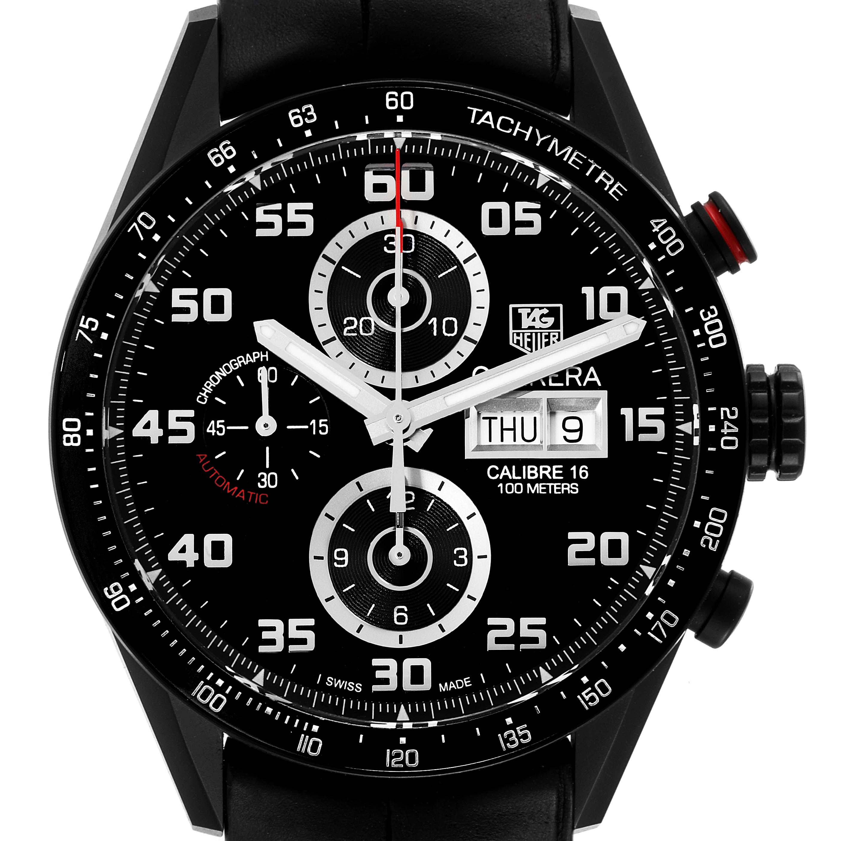 Front view of the Tag Heuer Carrera CV2A81.FC6237 Men's Titanium Black Dial CV2A81.FC6237 Men's Titanium Black Dial watch, showing the dial, hands, subdials, date window, and tachymeter bezel.