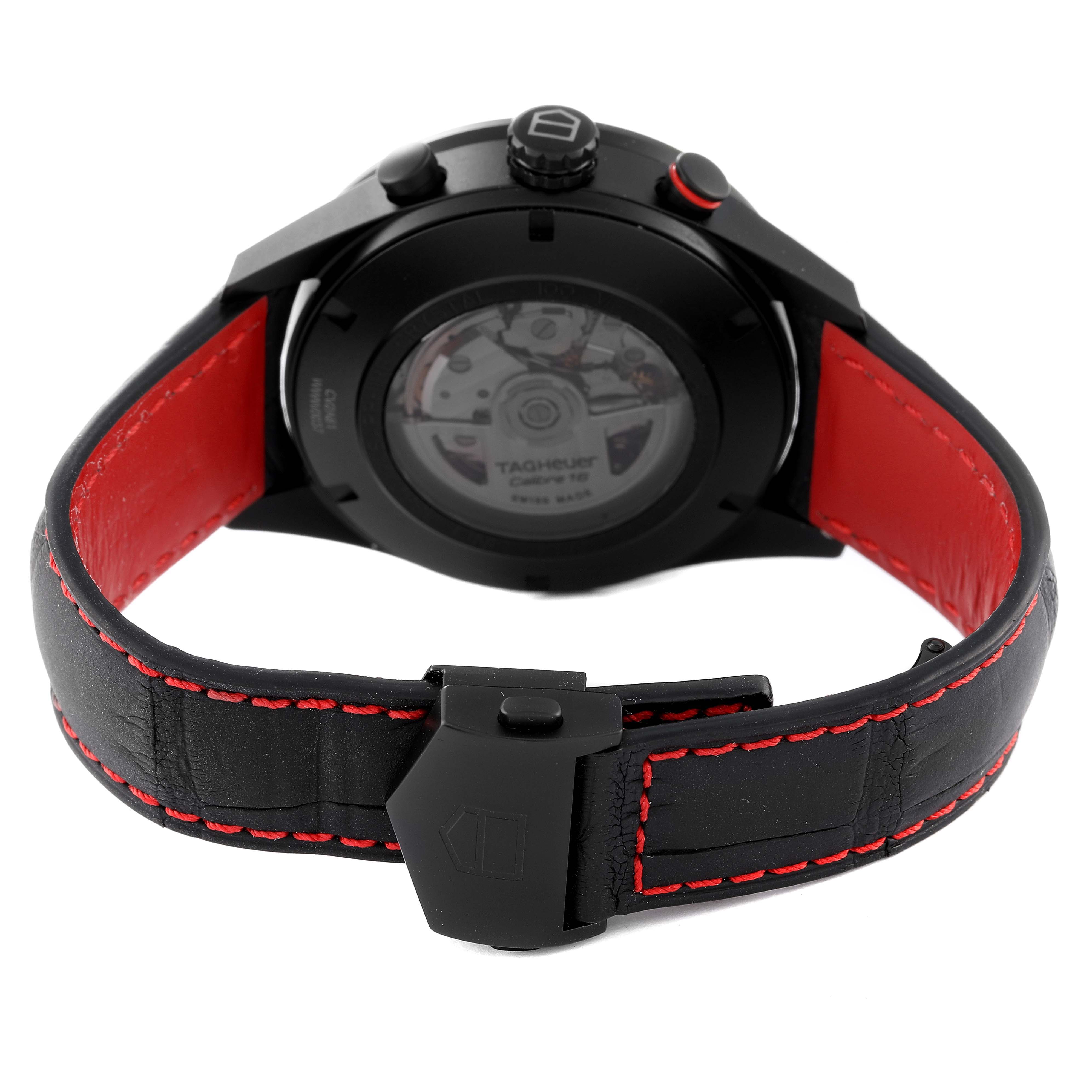 The Tag Heuer Carrera CV2A81.FC6237 Men's Titanium Black Dial CV2A81.FC6237 Men's Titanium Black Dial watch is shown from the back, displaying the case, clasp, and inner mechanism.