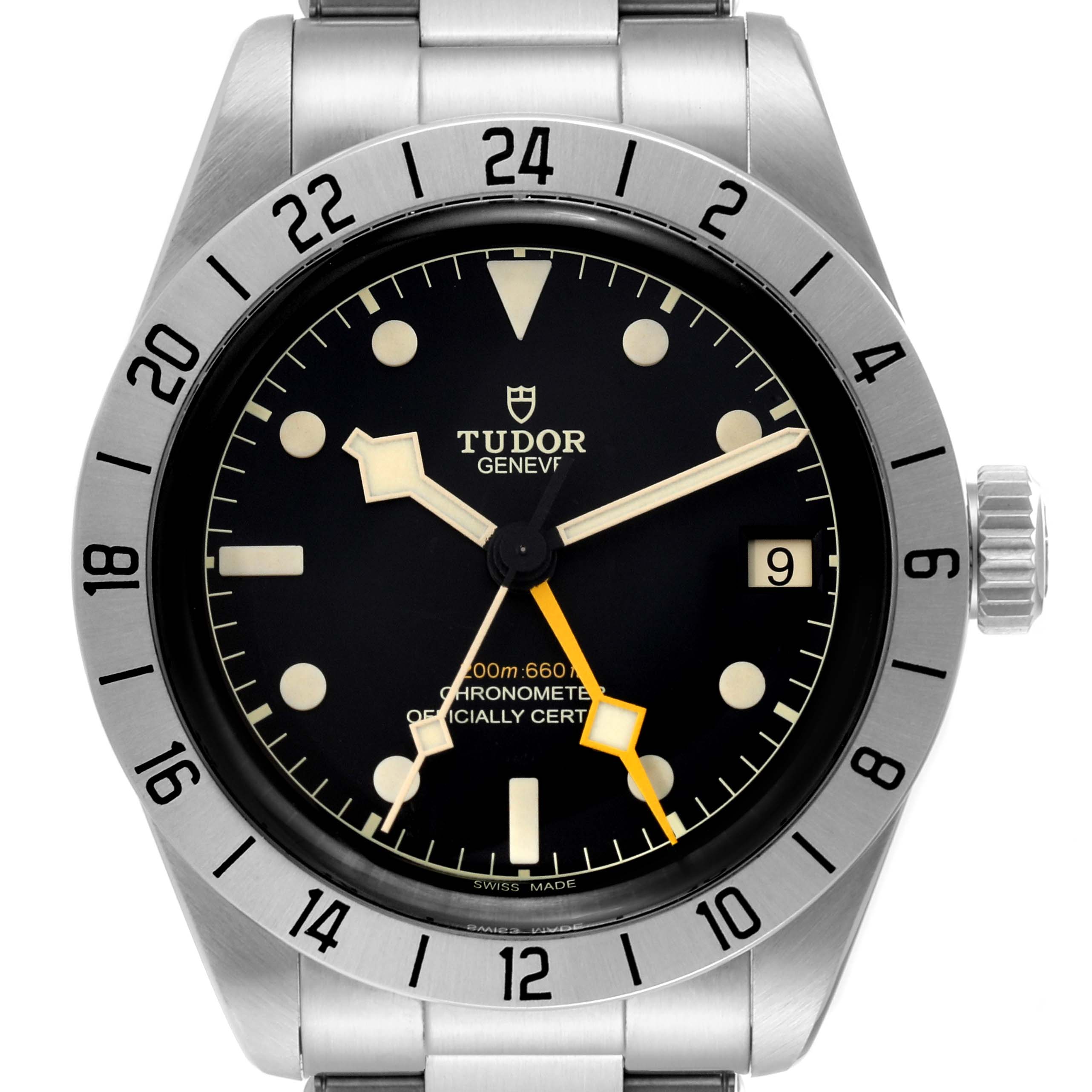 The image shows a frontal view of the Tudor Heritage Black Bay M79470-0003 Men's Stainless Steel Black Dial M79470-0003 Men's Stainless Steel Black Dial watch, highlighting the dial, bezel, and bracelet.