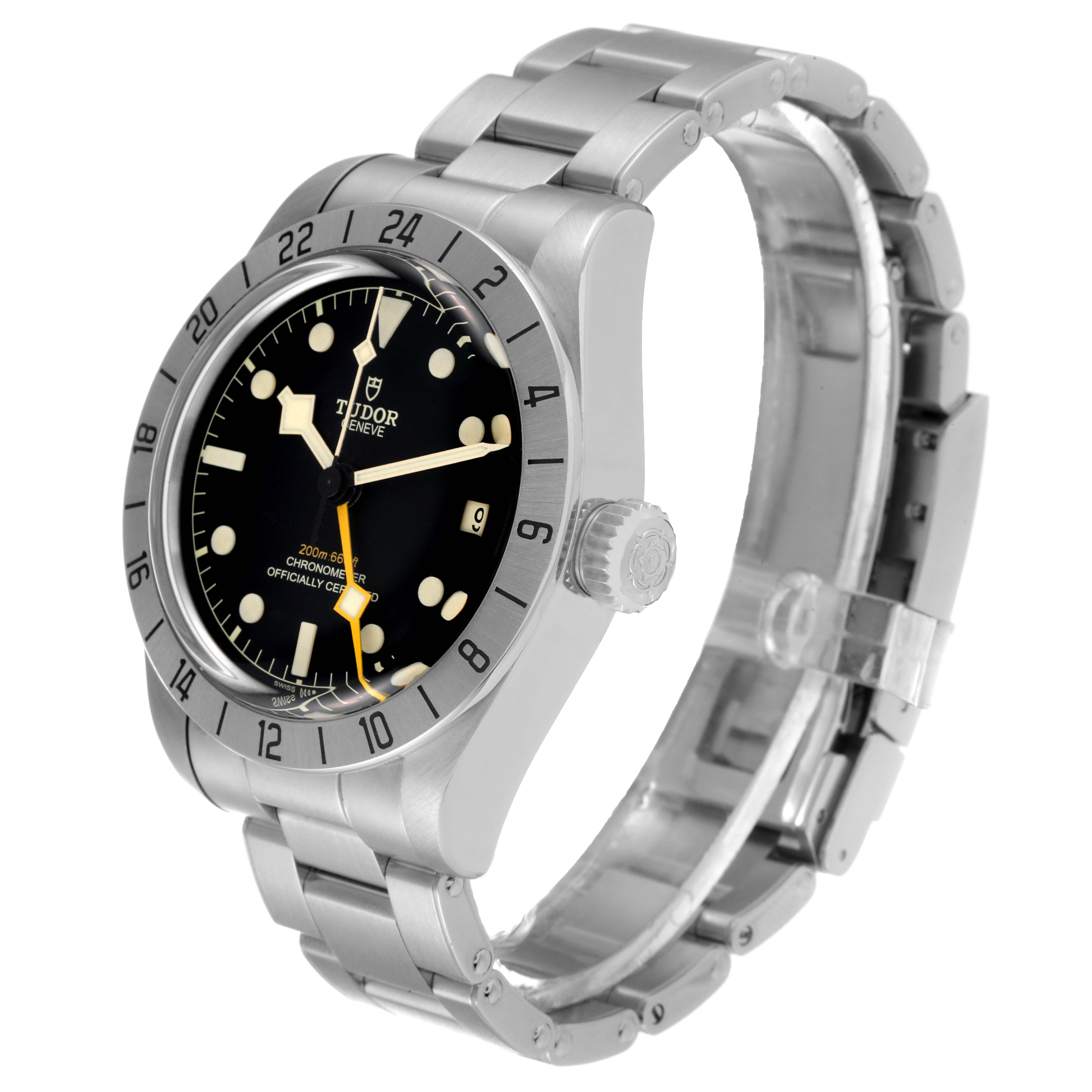 The Tudor Heritage Black Bay M79470-0003 Men's Stainless Steel Black Dial M79470-0003 Men's Stainless Steel Black Dial watch is shown from a front angle, highlighting the face, bezel, crown, and metal bracelet.
