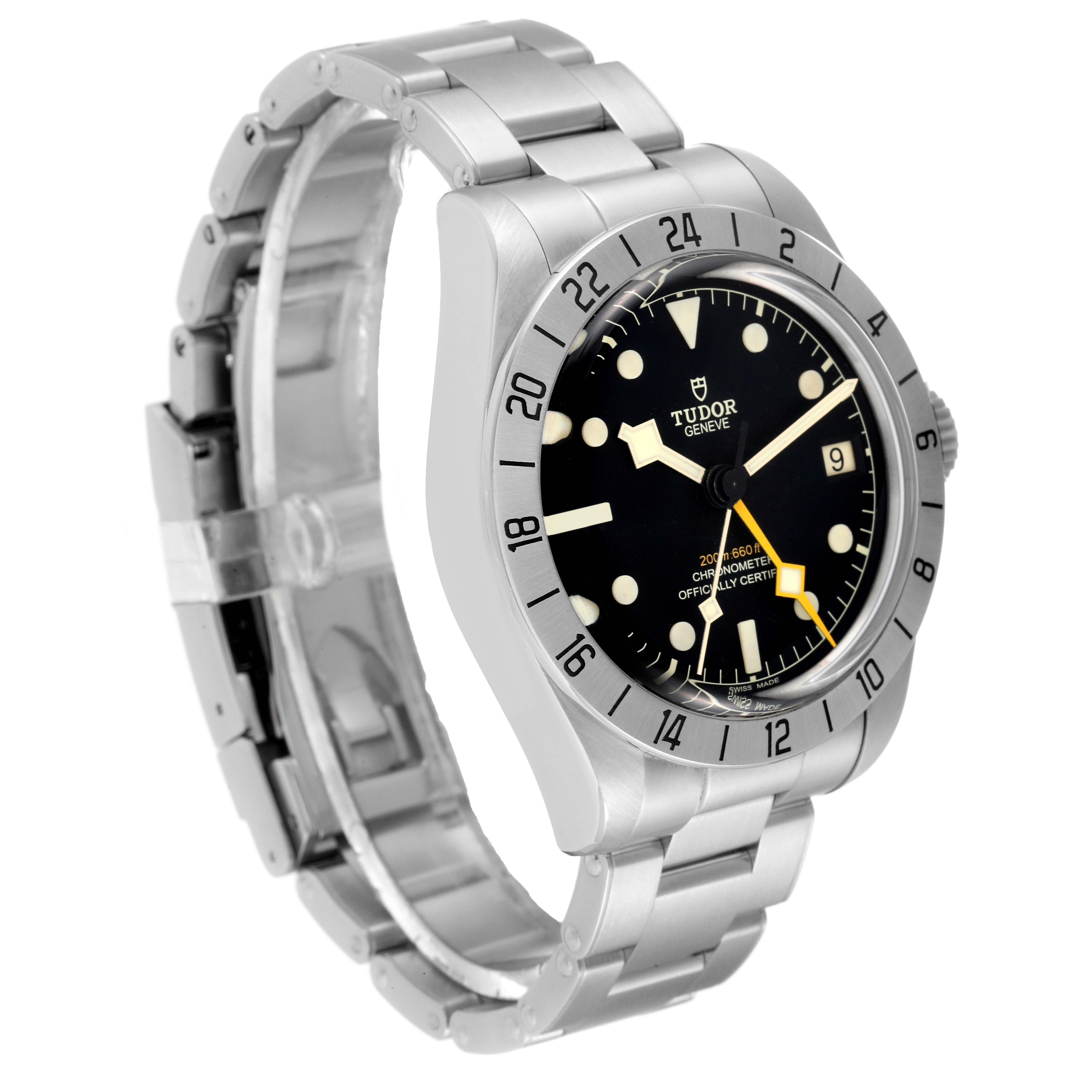 The image shows a side angle of the Tudor Heritage Black Bay M79470-0003 Men's Stainless Steel Black Dial M79470-0003 Men's Stainless Steel Black Dial watch with a stainless steel bracelet and a black dial.