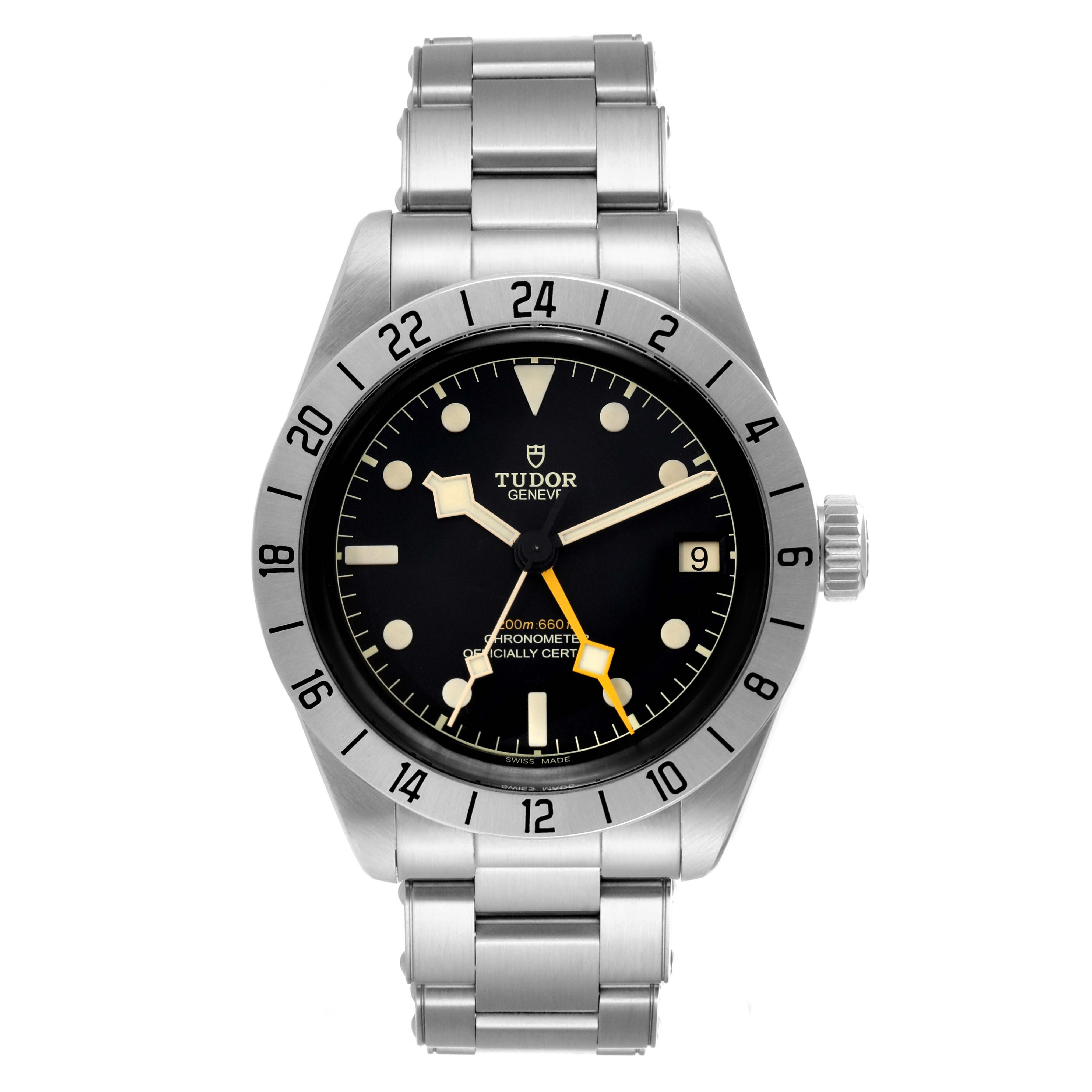 The Tudor Heritage Black Bay M79470-0003 Men's Stainless Steel Black Dial M79470-0003 Men's Stainless Steel Black Dial watch is shown from a front angle, displaying its face, bezel, and bracelet.