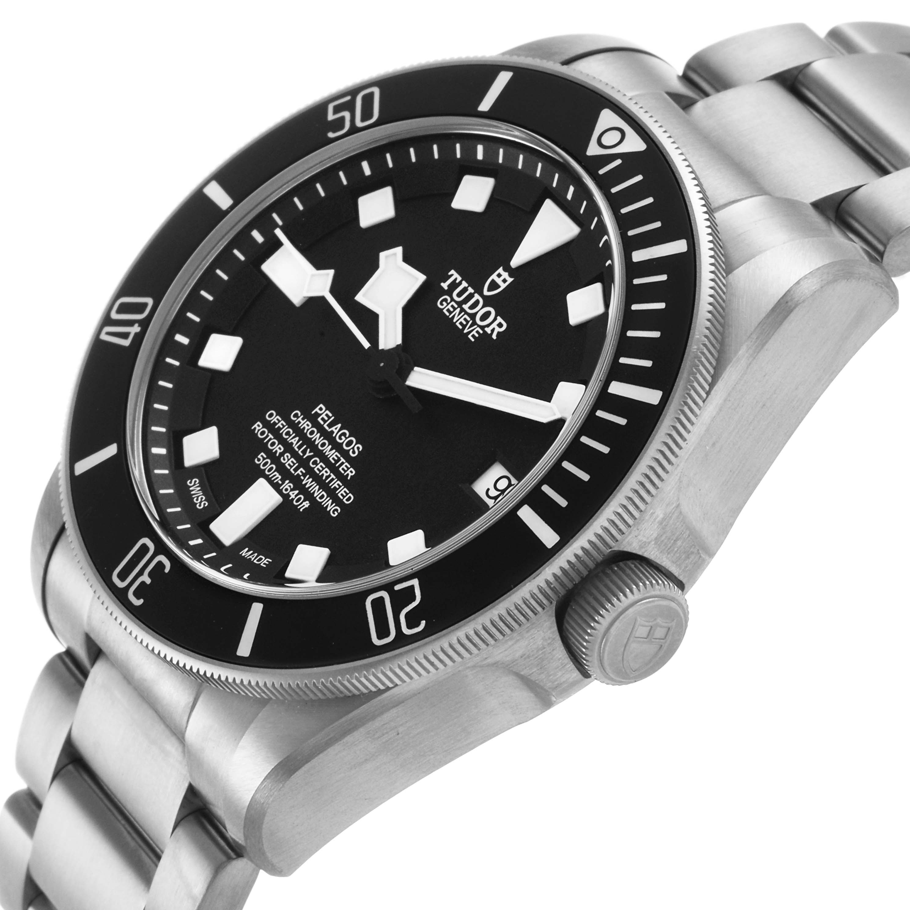 The Tudor Pelagos 25600TN Men's Titanium Black Dial watch is shown from an angled side view, highlighting the face, bezel, crown, and bracelet.