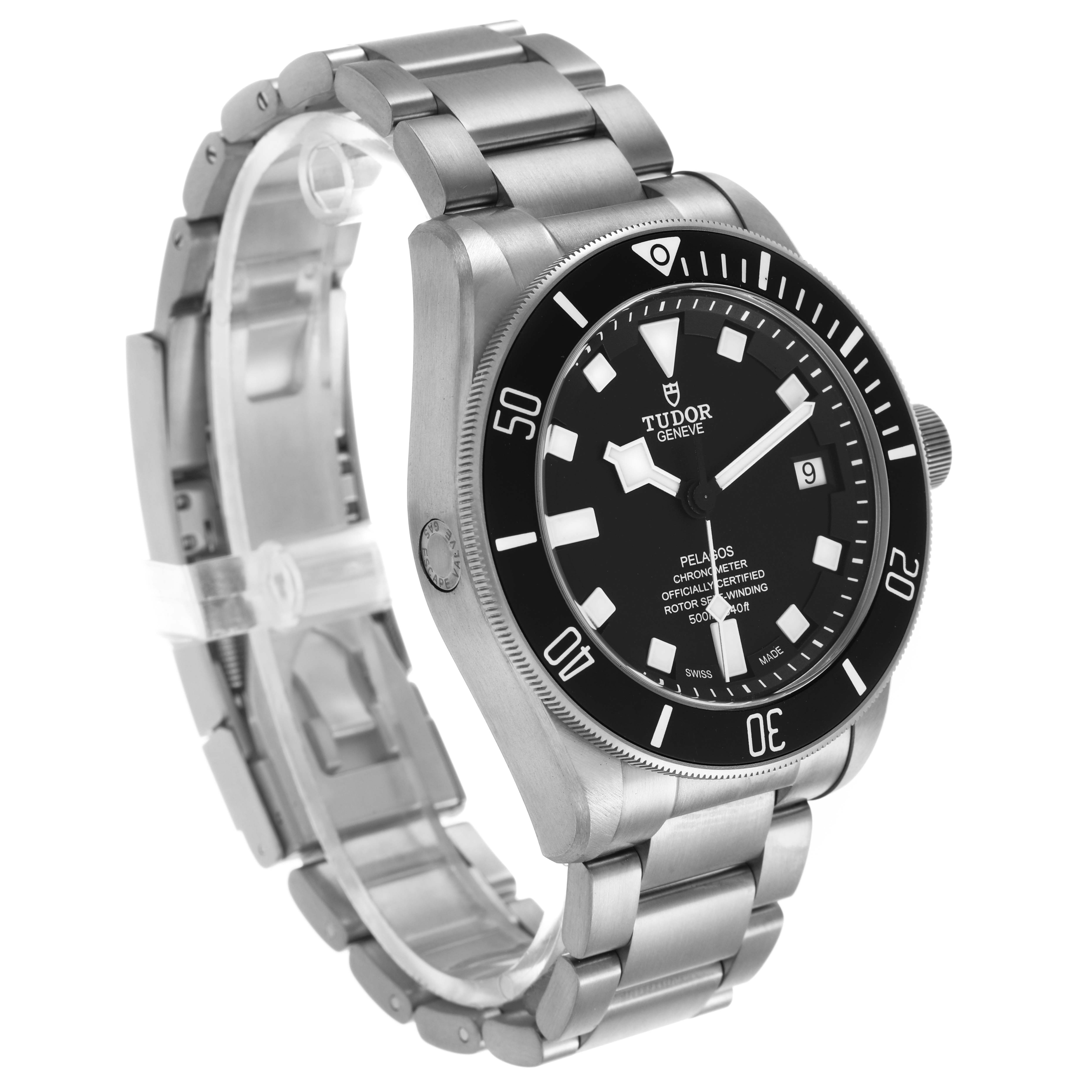 The Tudor Pelagos 25600TN Men's Titanium Black Dial watch is shown at a three-quarter angle, highlighting the face, bezel, and bracelet.