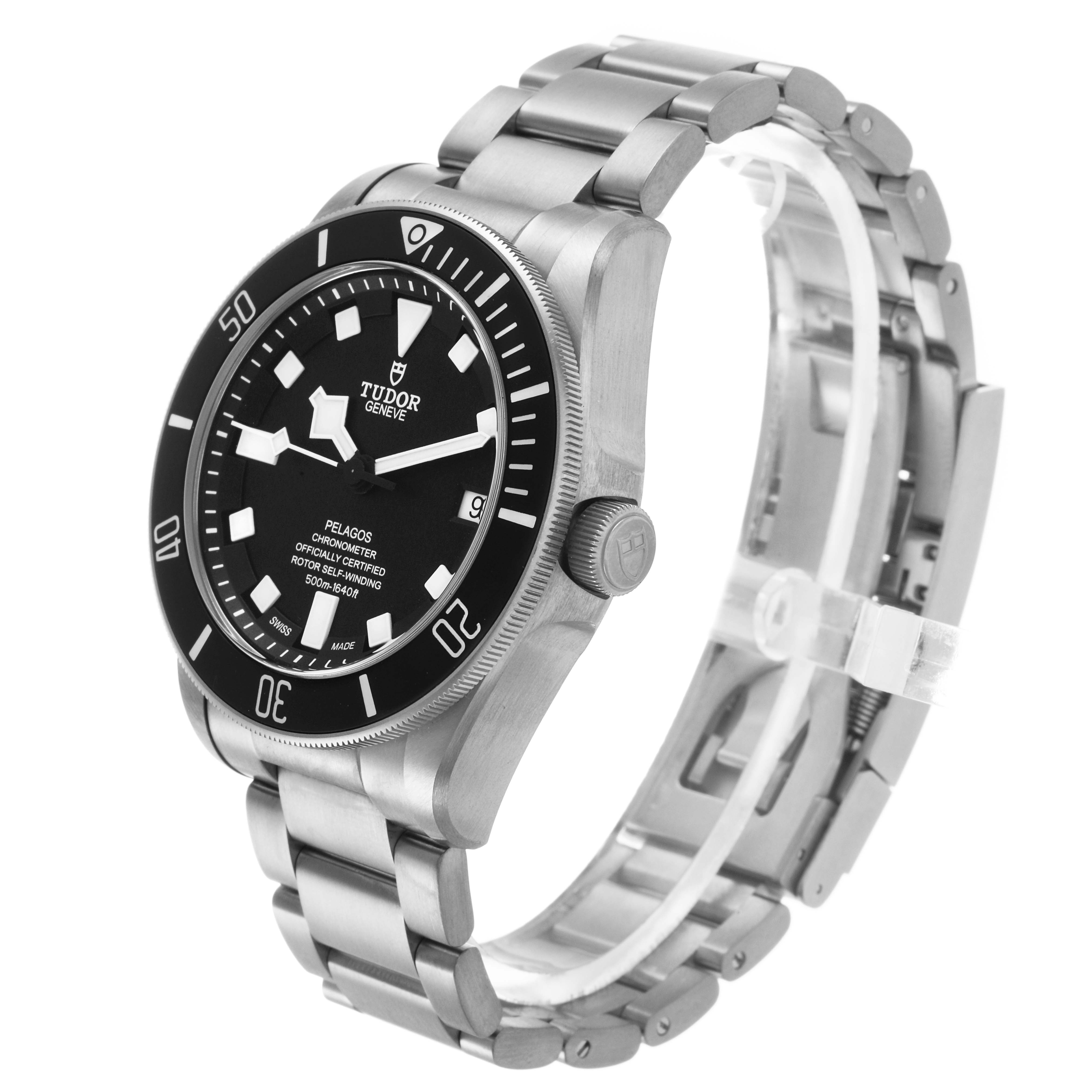 The Tudor Pelagos 25600TN Men's Titanium Black Dial watch is shown at a three-quarter angle, highlighting the face, bezel, crown, and stainless steel bracelet.