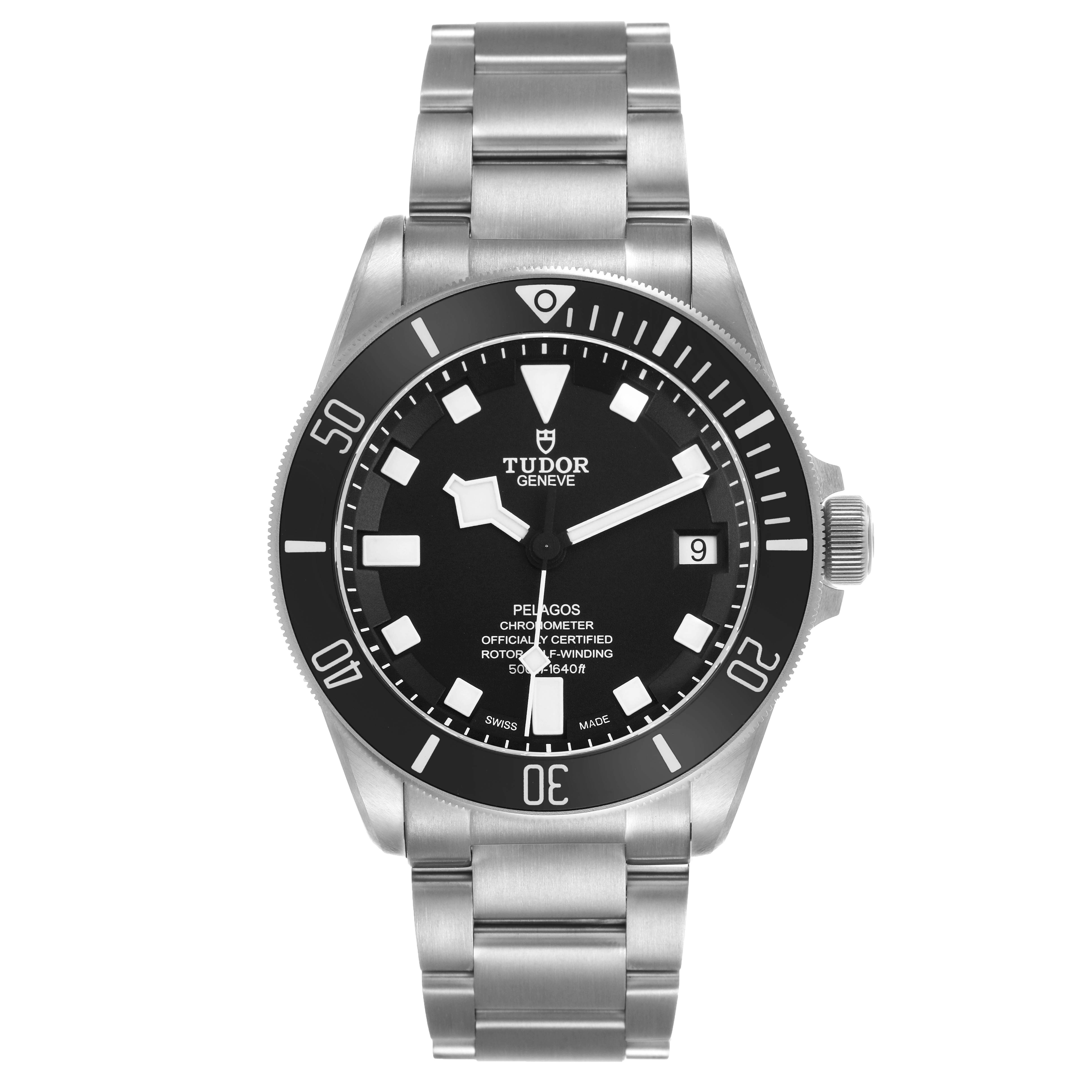 The Tudor Pelagos 25600TN Men's Titanium Black Dial watch is shown from a front view, displaying the dial, bezel, bracelet, and crown.