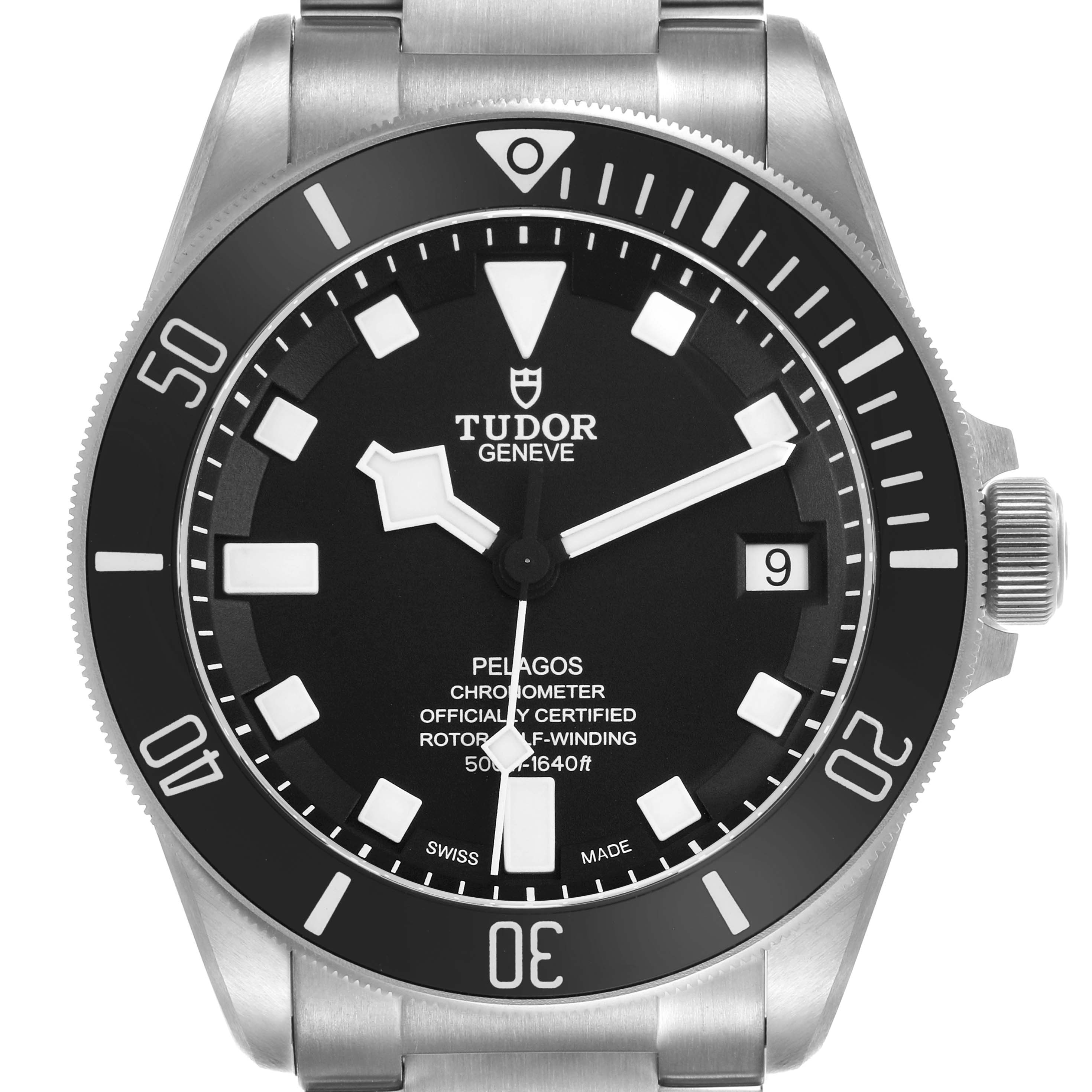 The image shows a front view of the Tudor Pelagos 25600TN Men's Titanium Black Dial watch, highlighting the dial, bezel, crown, and part of the bracelet.