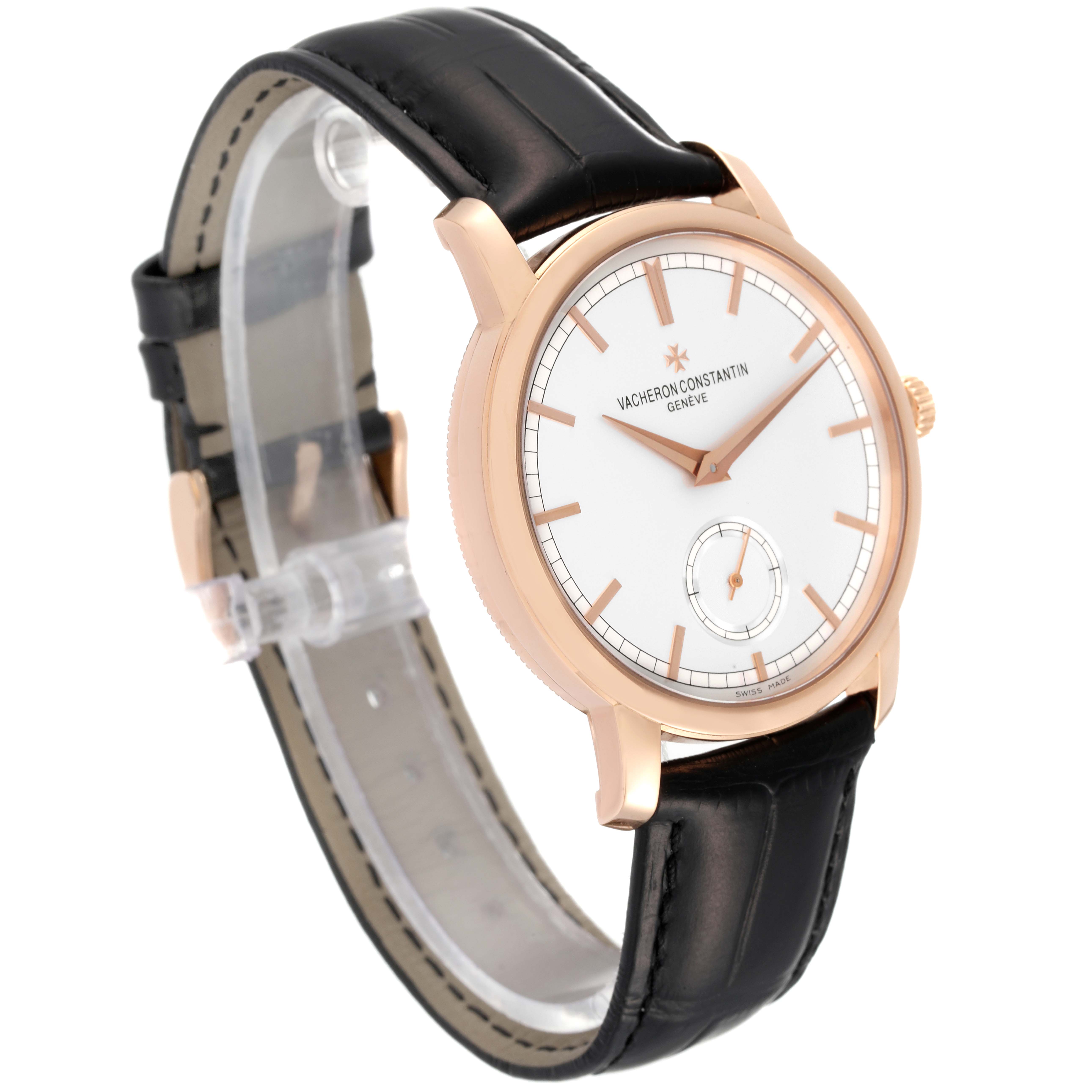 The Vacheron Constantin Traditionnelle 82172/000R-9382 Men's Rose Gold Silver Dial 82172/000R-9382 Men's Rose Gold Silver Dial watch is shown at a three-quarter angle, highlighting the dial, crown, and leather strap.