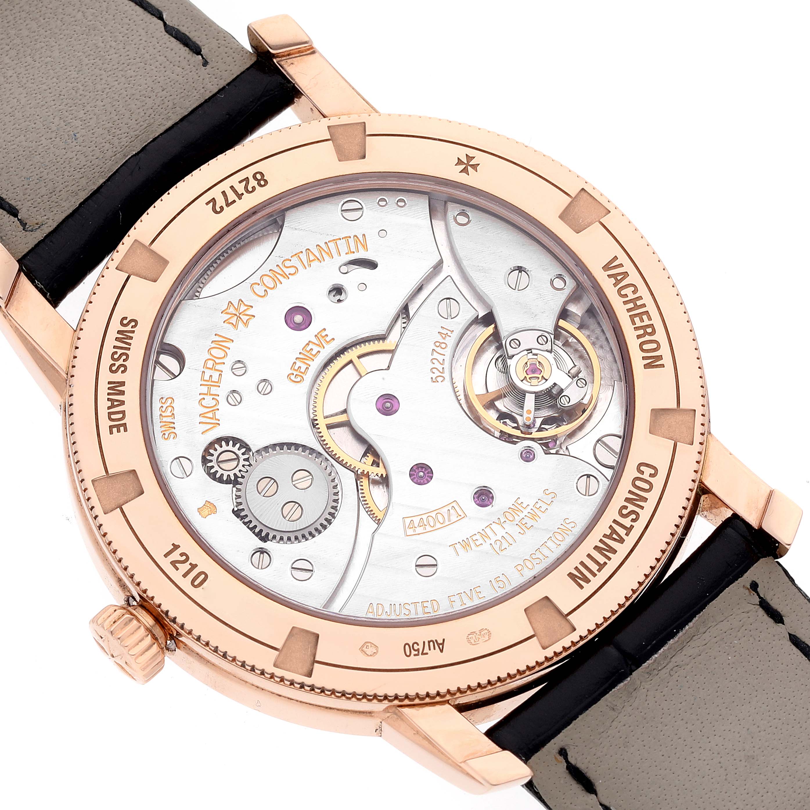 The image shows the back of the Vacheron Constantin Traditionnelle 82172/000R-9382 Men's Rose Gold Silver Dial 82172/000R-9382 Men's Rose Gold Silver Dial watch, highlighting its intricate mechanical movement.