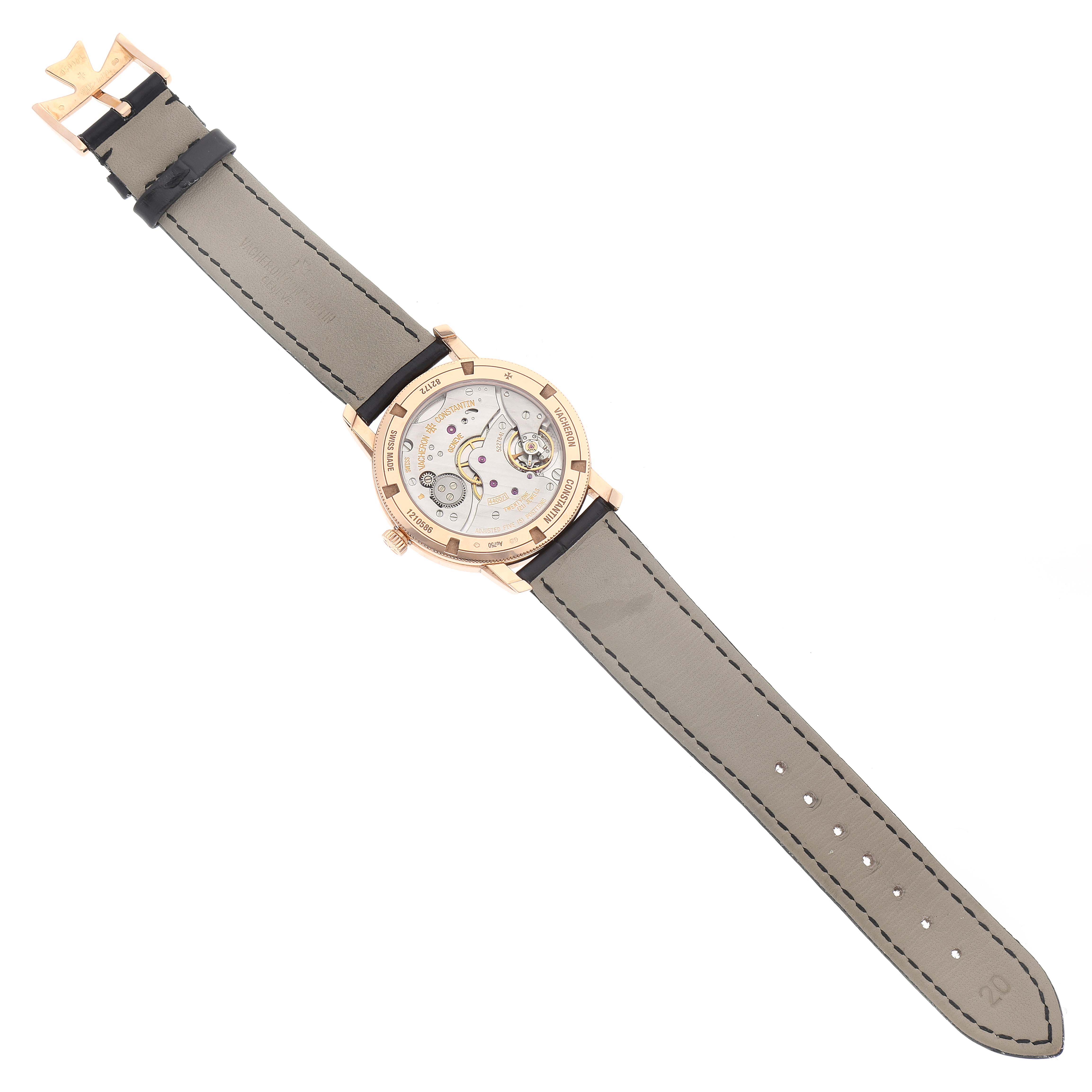 The Vacheron Constantin Traditionnelle 82172/000R-9382 Men's Rose Gold Silver Dial 82172/000R-9382 Men's Rose Gold Silver Dial watch is shown from a top-down angle, displaying its face and the full length of its strap.