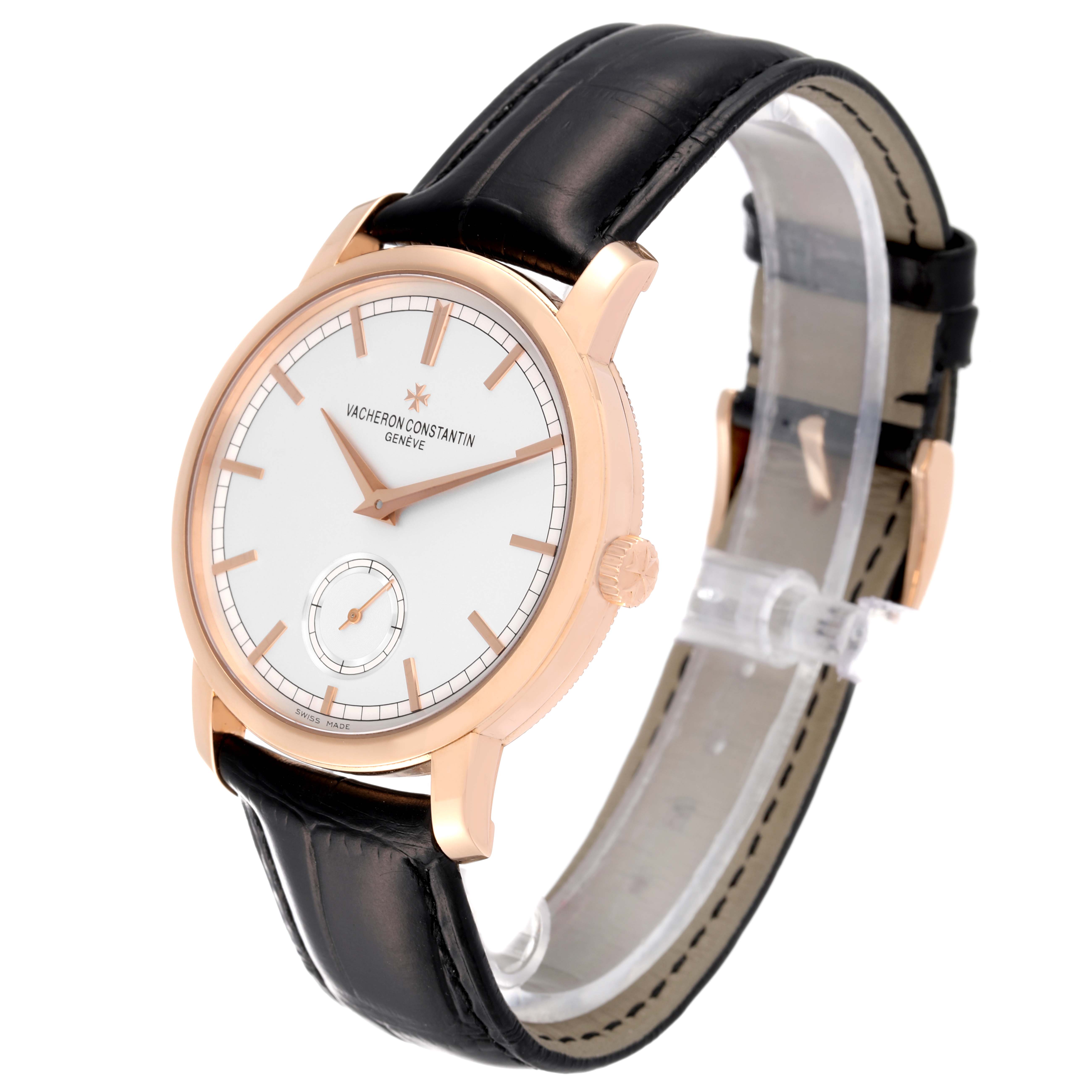 The Vacheron Constantin Traditionnelle 82172/000R-9382 Men's Rose Gold Silver Dial 82172/000R-9382 Men's Rose Gold Silver Dial watch is shown at an oblique angle, highlighting its face, crown, and leather strap.