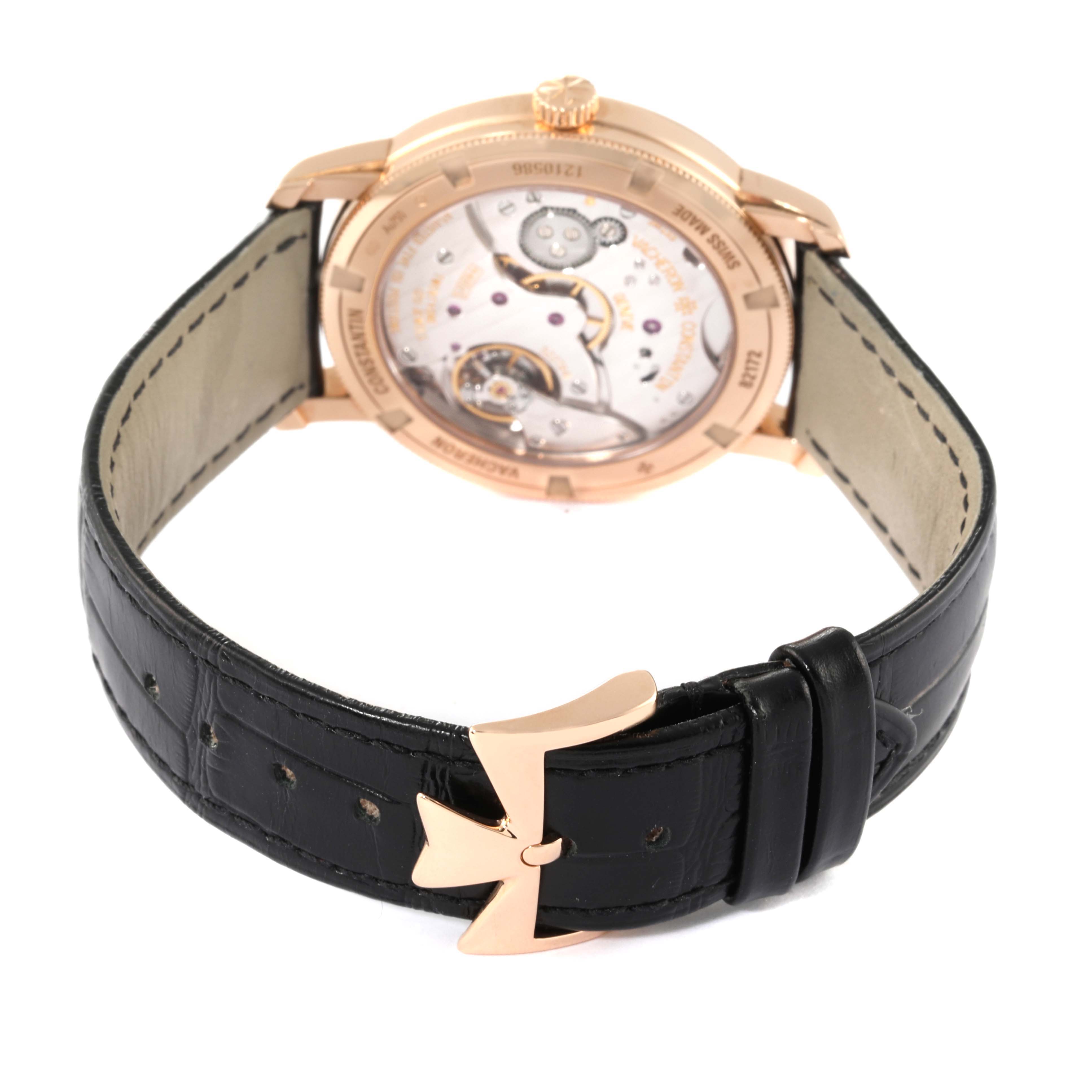 The image shows the back view of the Vacheron Constantin Traditionnelle 82172/000R-9382 Men's Rose Gold Silver Dial 82172/000R-9382 Men's Rose Gold Silver Dial watch, highlighting the leather strap and display case back.