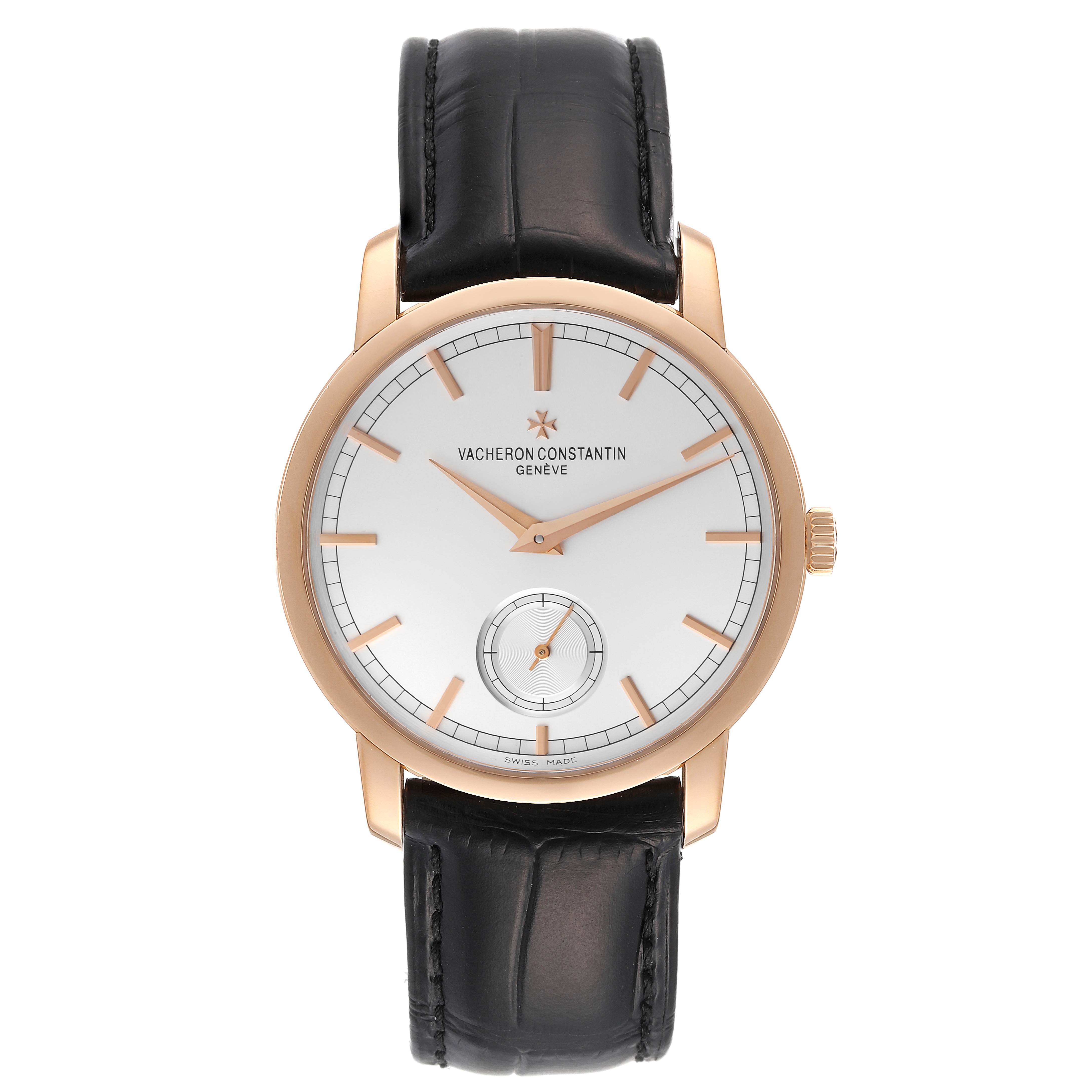 The Vacheron Constantin Traditionnelle 82172/000R-9382 Men's Rose Gold Silver Dial 82172/000R-9382 Men's Rose Gold Silver Dial watch is shown from a front angle, highlighting its face, bezel, and black leather strap.