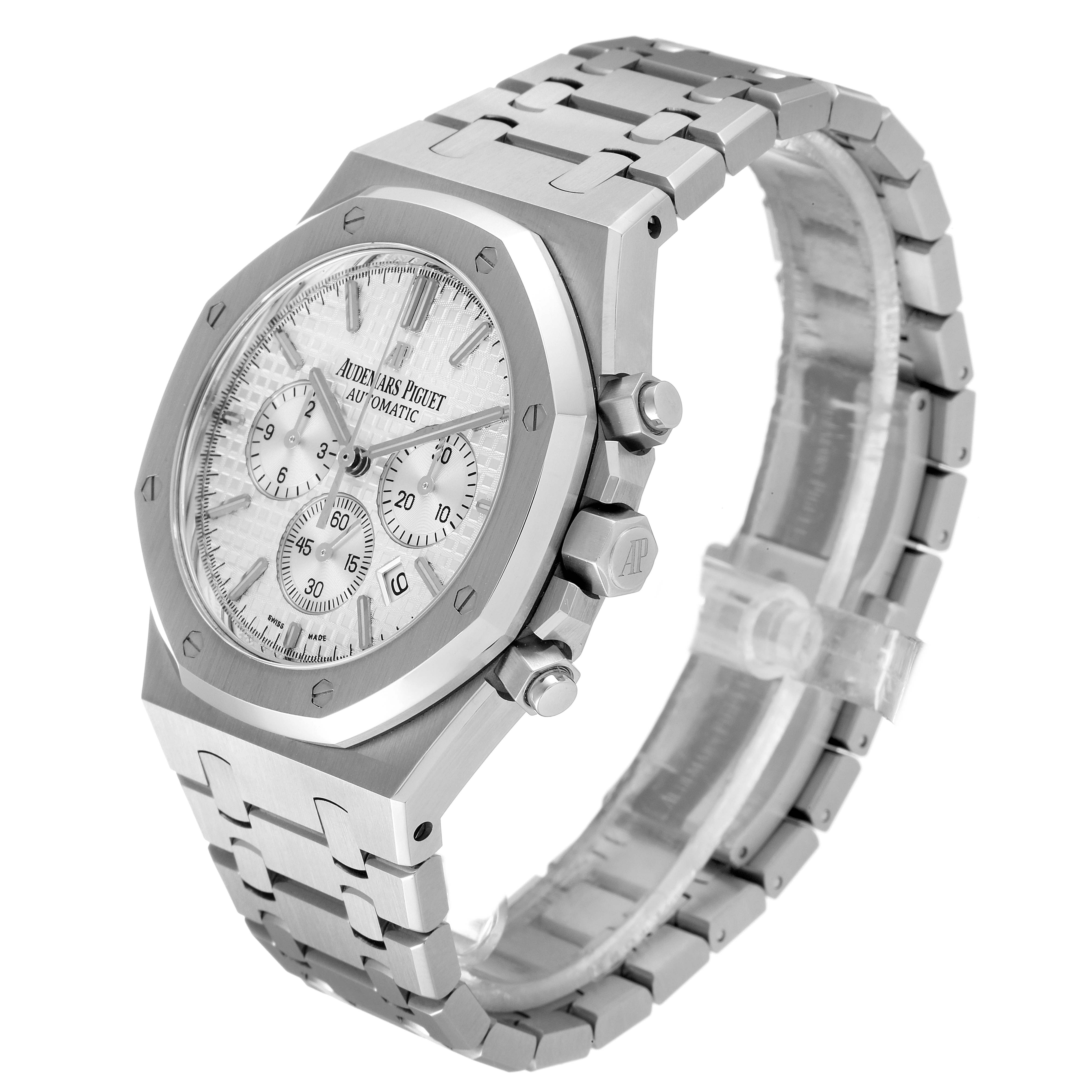 The image shows a side-angle view of the Audemars Piguet Royal Oak 26320ST Men's Stainless Steel Silver Dial 26320ST Men's Stainless Steel Silver Dial watch, highlighting the face, bezel, crown, and bracelet.
