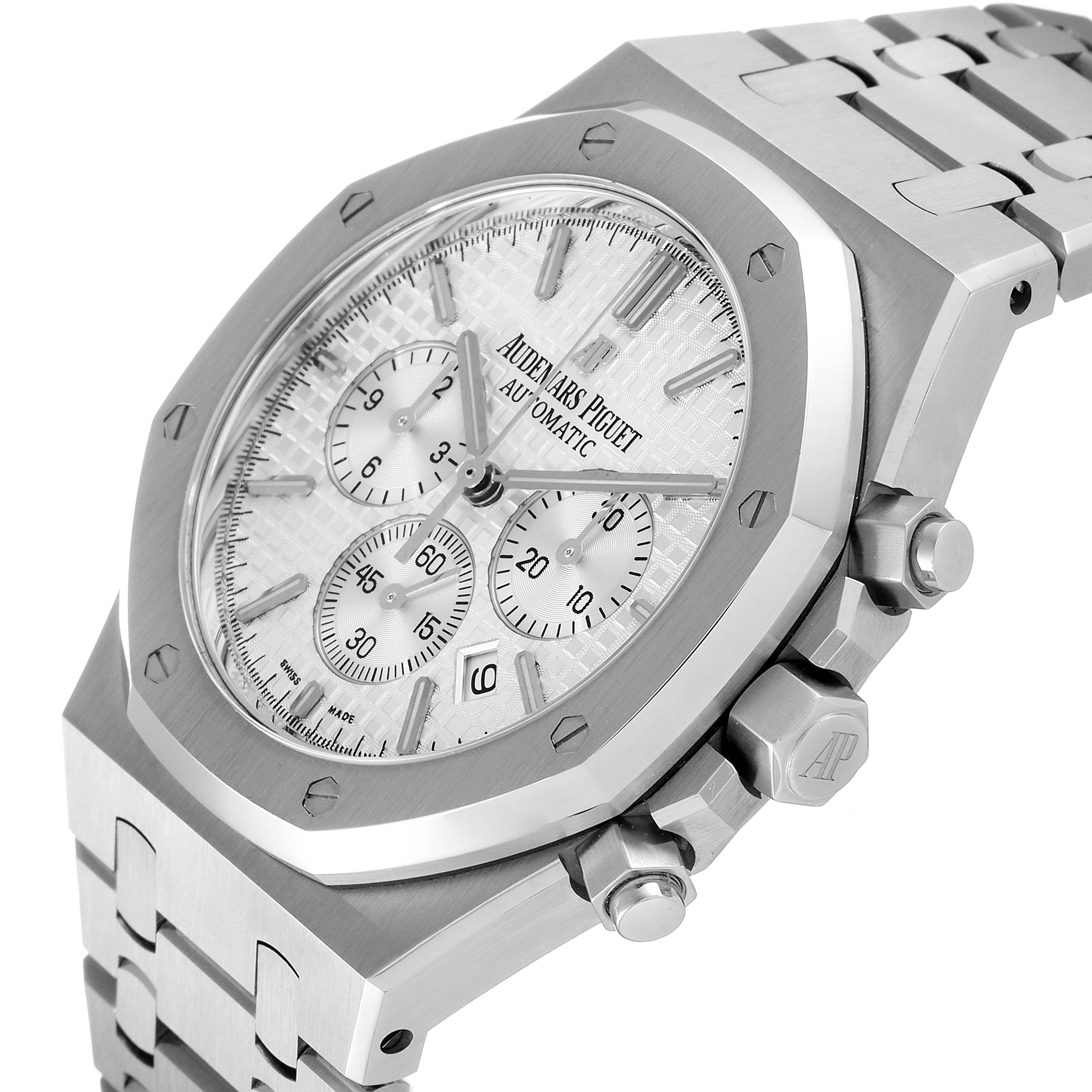 The image shows a close-up angle of the Audemars Piguet Royal Oak 26320ST Men's Stainless Steel Silver Dial 26320ST Men's Stainless Steel Silver Dial watch, highlighting its dial, bezel, and integrated bracelet.